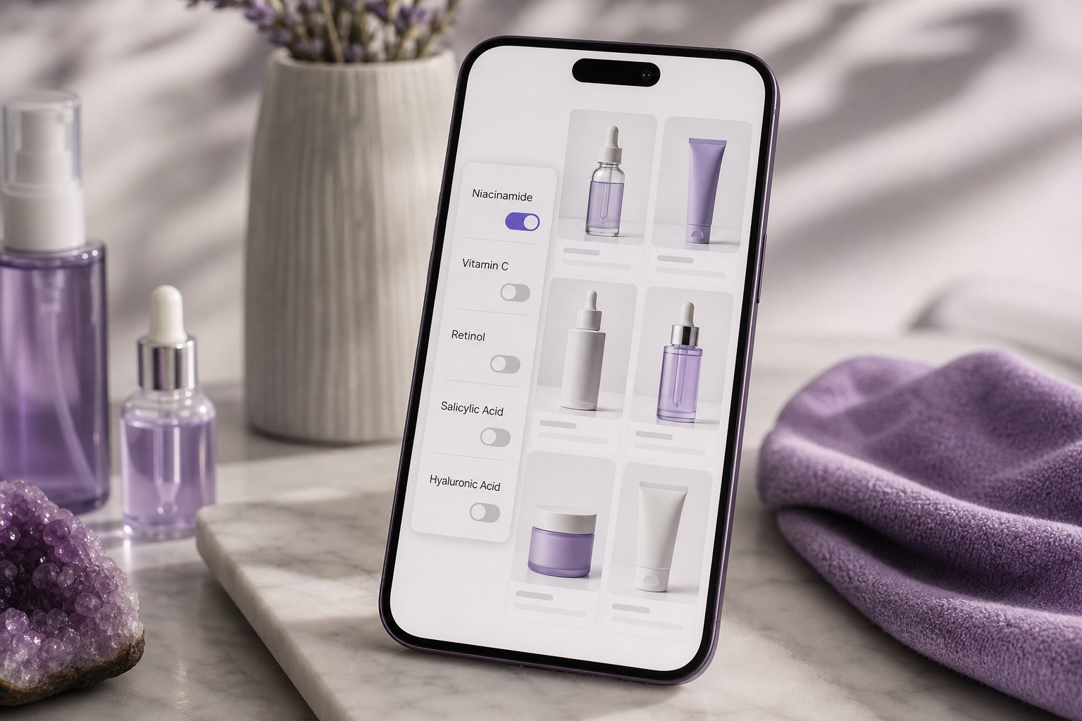 UI mockup of a faceted ingredient filter in a skincare app — a sidebar with toggles for Niacinamide, Vitamin C, Retinol, Salicylic Acid, Hyaluronic Acid, with Niacinamide switched on and a product grid updating. Clean mobile app aesthetic.