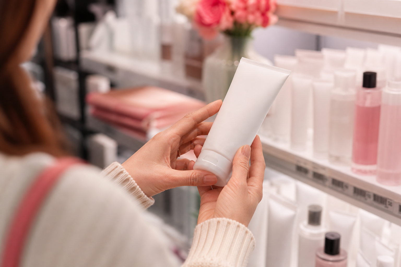 A person's hands holding a white moisturizer tube in a brightly lit store aisle, turning it to read the back panel; front label faces partly away, shelf of products blurred behind. Over-the-shoulder, first-person angle.