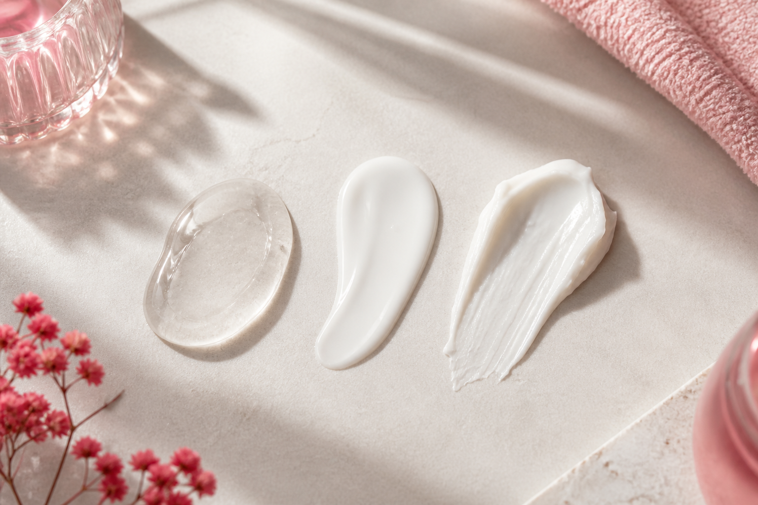Flat-lay of three moisturizer textures swatched side by side on a neutral surface — a clear gel, a fluid lotion, and a thicker cream — labeled by format, to visualize texture-to-skin-type matching.