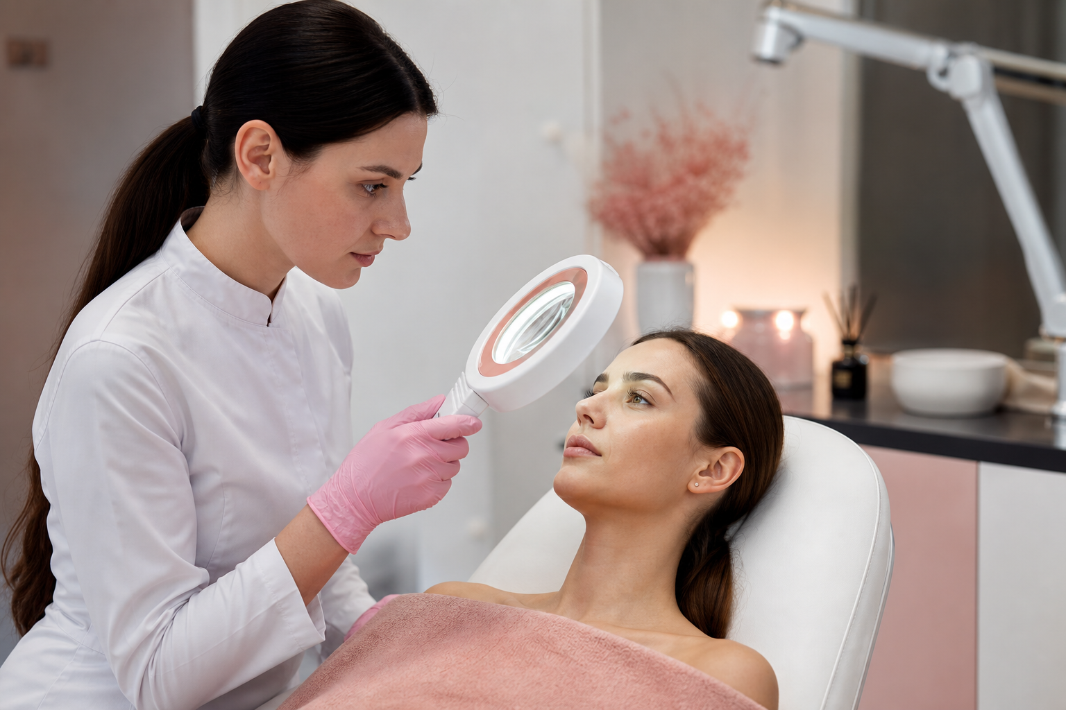 Profesyonel, hijyenik klinik ortamda; uzmanın büyüteç/cilt analiz cihazıyla kadın müşterinin yüz cildini incelediği kare. Steril eldiven, temiz beyaz-doğal ışık, güven veren atmosfer. Orta açı.