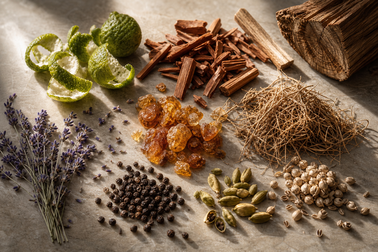 Editorial still life of cedar, sandalwood, vetiver roots, amber resin, citrus peel, lavender, peppercorns and cardamom showing long-lasting fragrance base notes