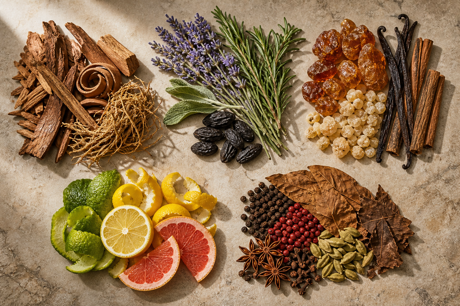 Top-down flat lay of woody, aromatic, amber, citrus and spicy scent families represented only by woods, herbs, resins, citrus peels, tobacco leaves and spices