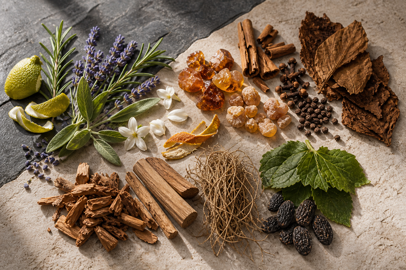 Sophisticated still life of fresh herbs, citrus peel, amber resin, warm spices, tobacco leaves, cedar, vetiver, patchouli and tonka beans for choosing a signature scent