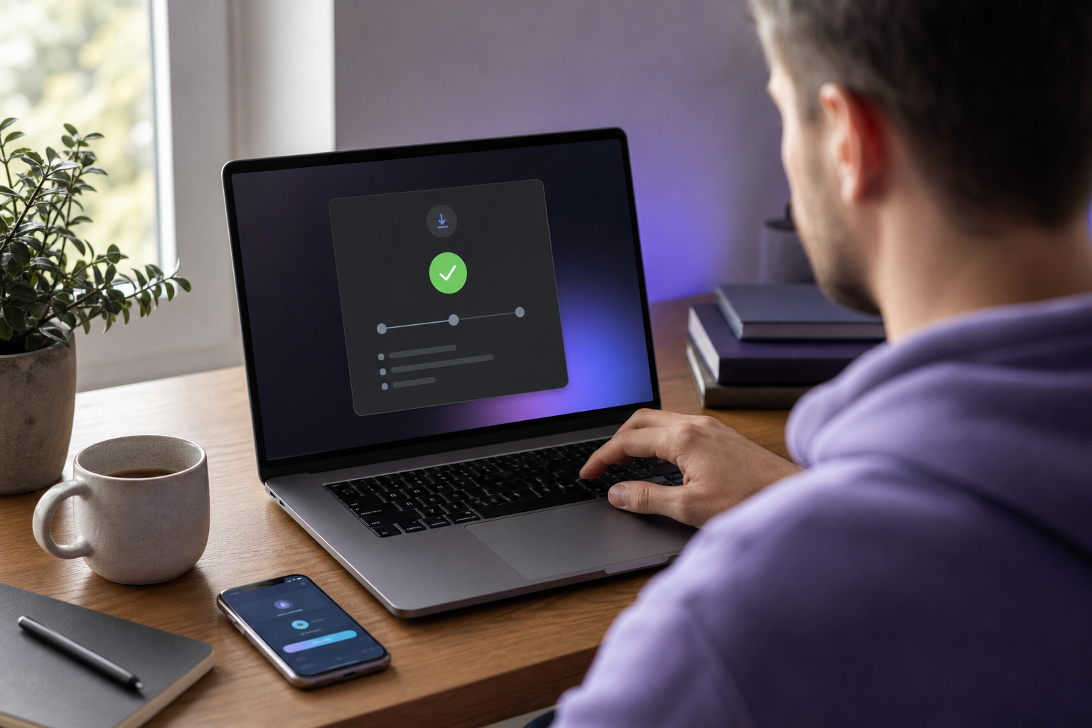 A freelancer at a laptop in a home workspace, viewed slightly over the shoulder, screen showing a wallet payment-confirmation UI with a green checkmark; warm natural light, coffee mug, phone with a mobile wallet app beside the keyboard.