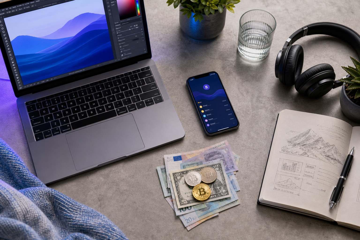 Overhead flat-lay of a global remote creator's desk — laptop open to a design tool, smartphone showing a mobile crypto wallet, a small stack of foreign banknotes/coins, headphones, notebook with sketches; clean, natural lighting.