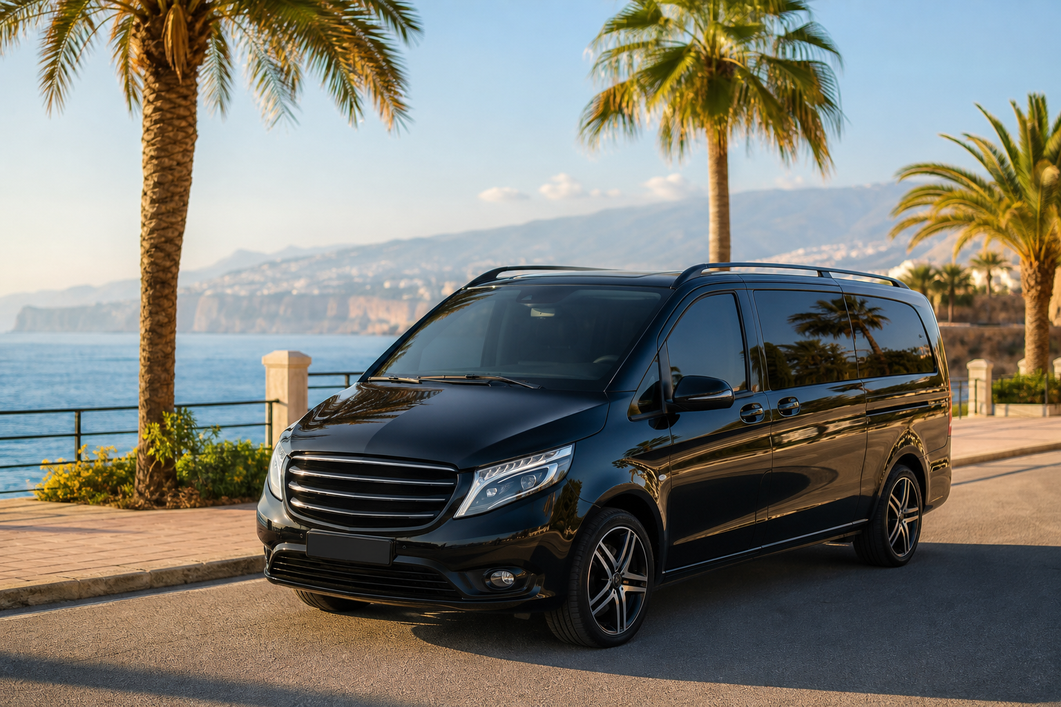 A luxury Mercedes Vito parked on a sun-lit coastal road with the Mediterranean and palm trees behind it, viewed at a three-quarter front angle — establishes the premium journey.
