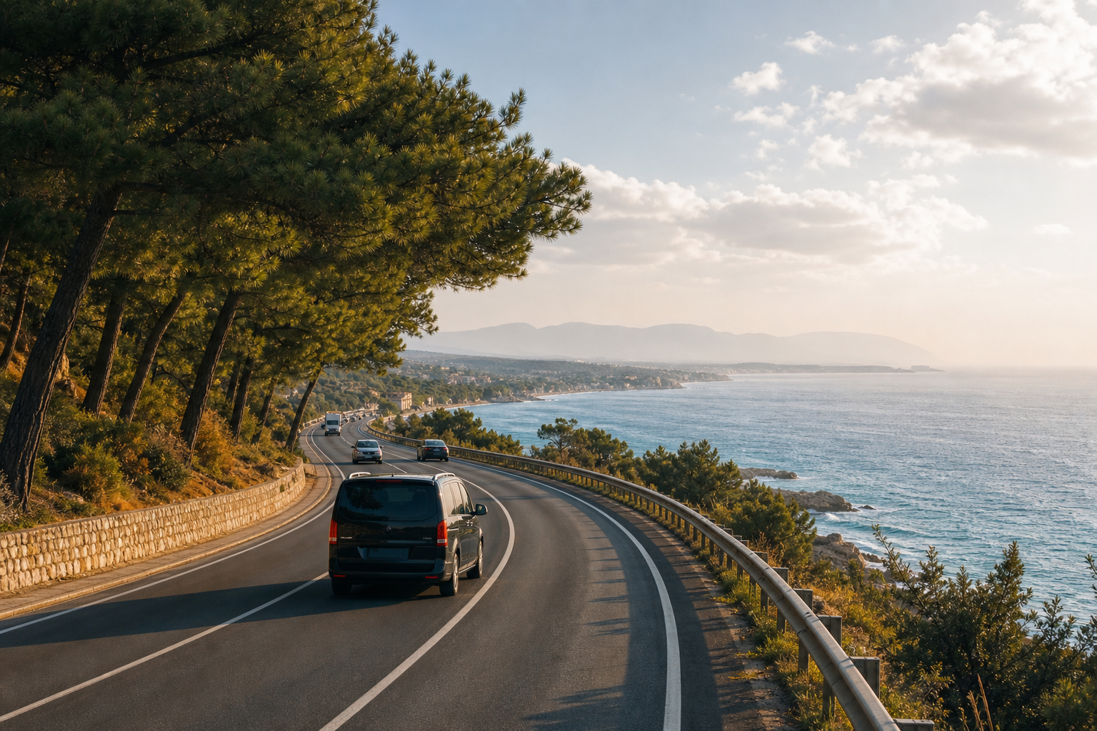 A wide shot of the D-400 coastal highway heading east toward Side, showing gentle traffic, roadside pines, and glimpses of the sea — establishes the journey visually.
