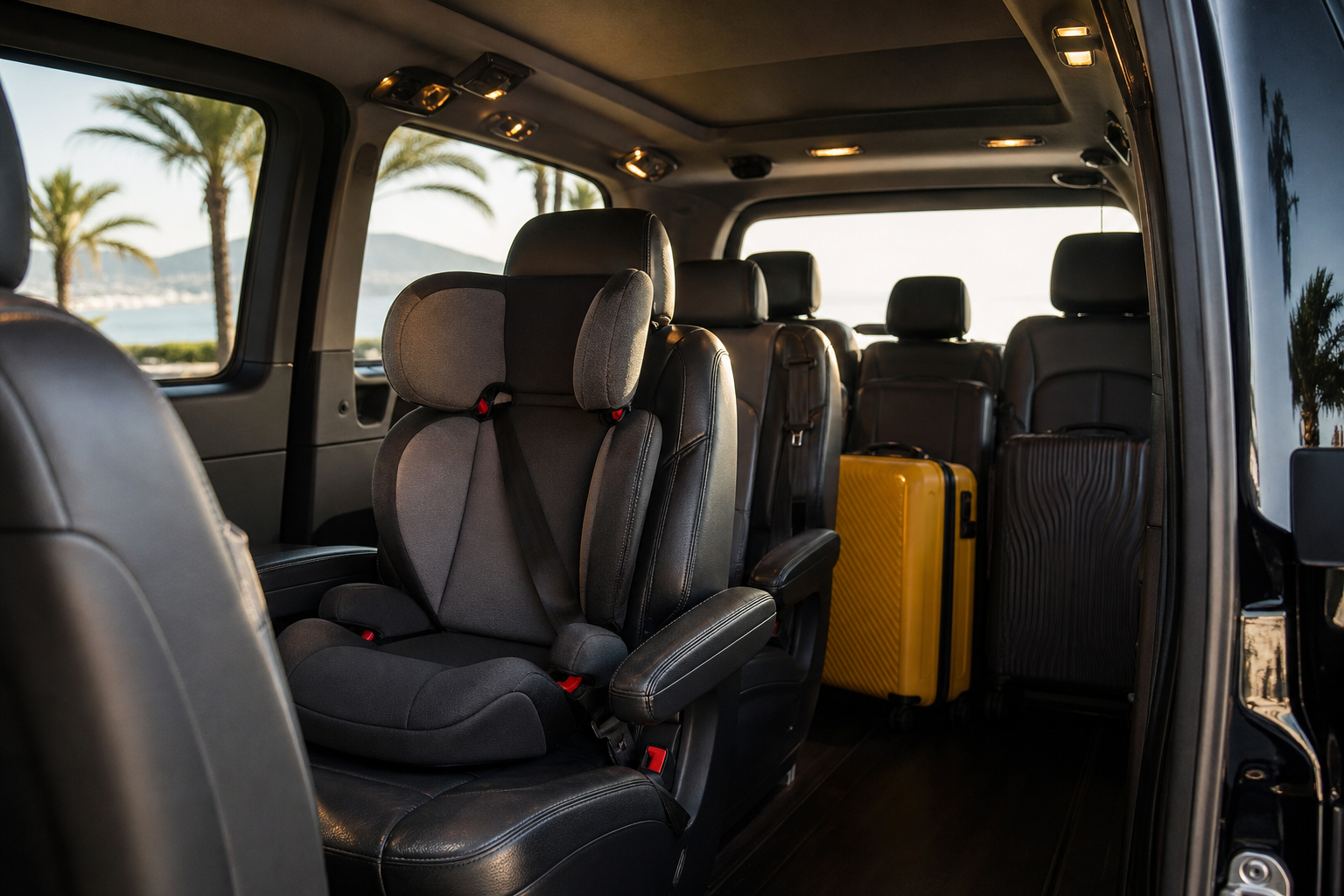 Interior of a Mercedes Vito/Sprinter showing a fitted child booster seat, spacious leather seating, and suitcases loaded in the rear — demonstrates family readiness.