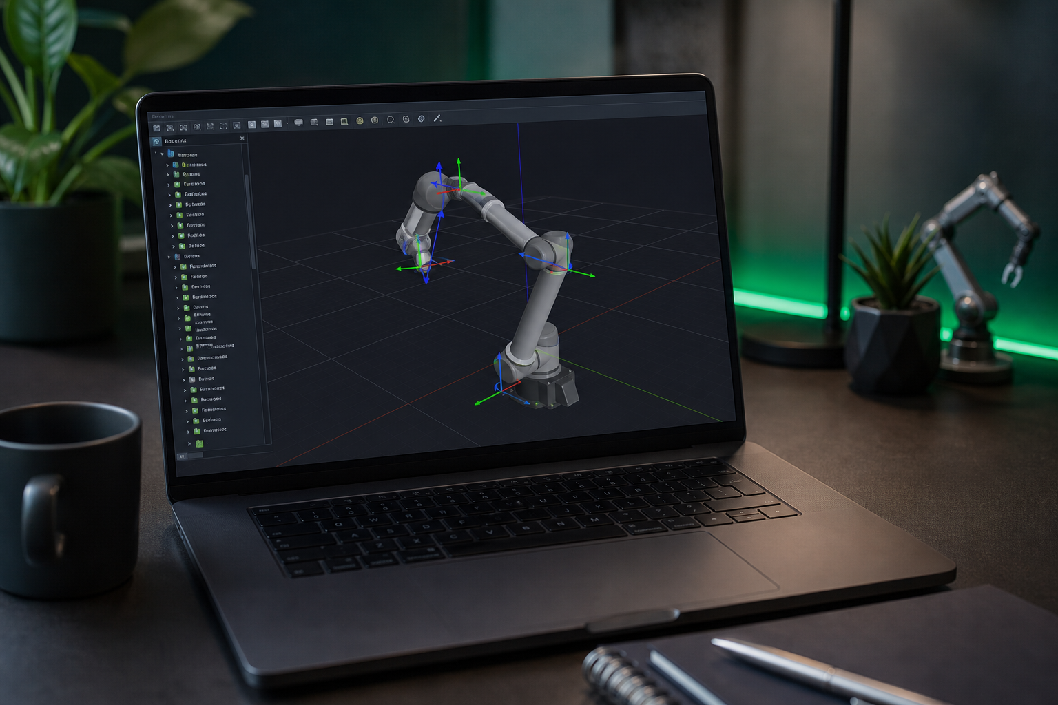 A robot manipulator arm rendered inside a simulation environment — dark viewport, grid floor, robot arm mid-motion with visible joint frames/coordinate axes. Clean, screen-capture aesthetic. Slightly elevated three-quarter view.