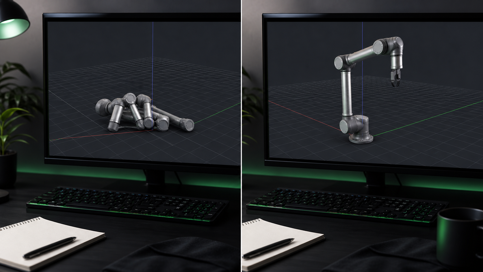 Before-and-after split composition — LEFT: a robot arm collapsed and tangled at the origin of a simulation viewport (broken inertia look); RIGHT: the same arm standing correctly on the grid floor, joints aligned. Same simulation aesthetic as the hero