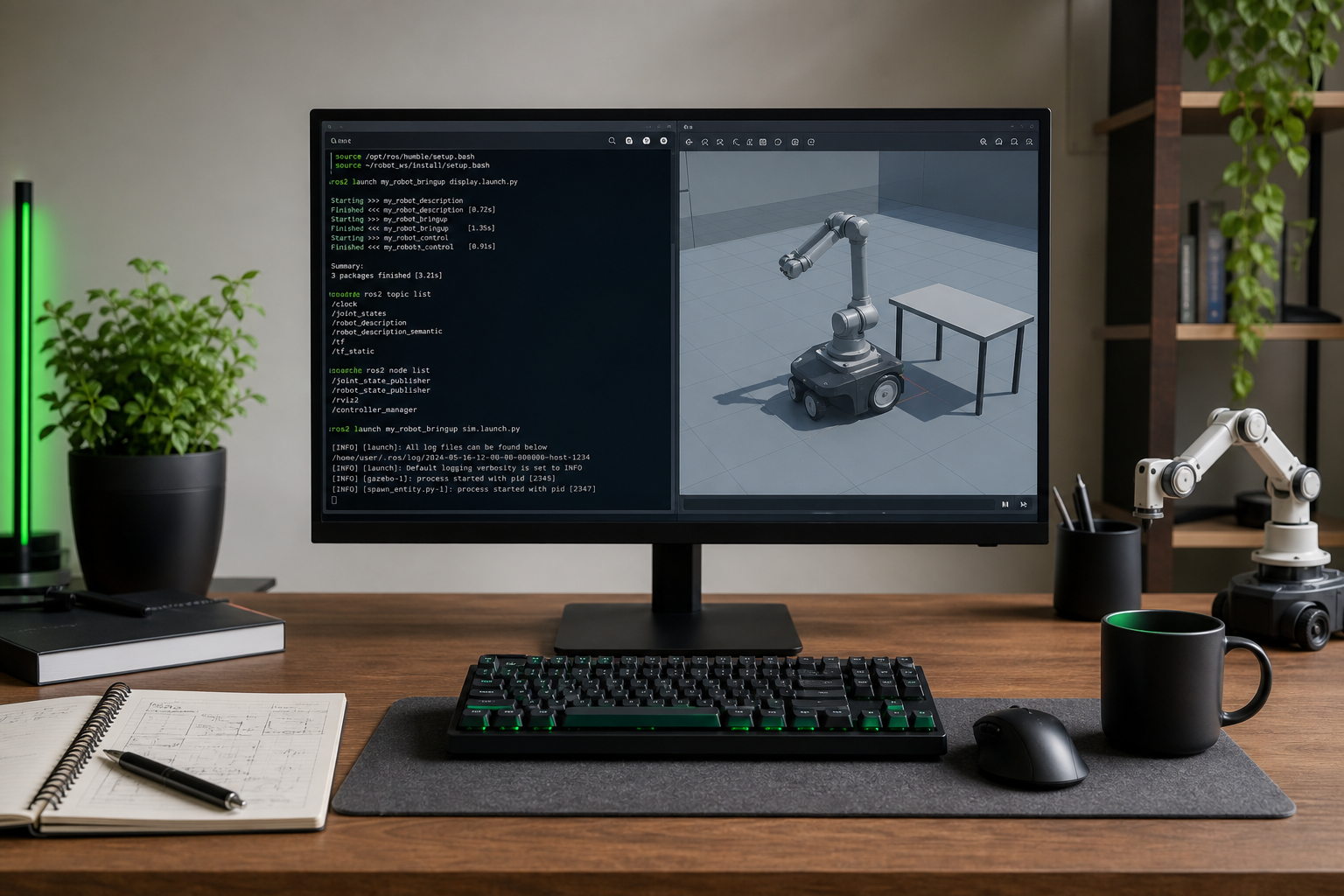 A clean developer workspace — desk, single monitor split between a terminal window with ROS 2 commands visible and a simulation viewport showing a robot. "You're ready to start" scene. Natural desk lighting, straight-on angle.
