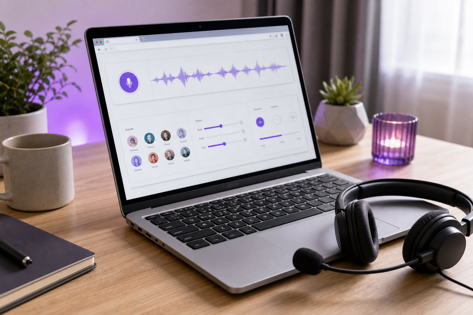 A Chromebook open on a desk showing a browser tab with a voice-changer web interface; a USB headset with mic resting beside the trackpad, angled three-quarter view, natural desk lighting.
