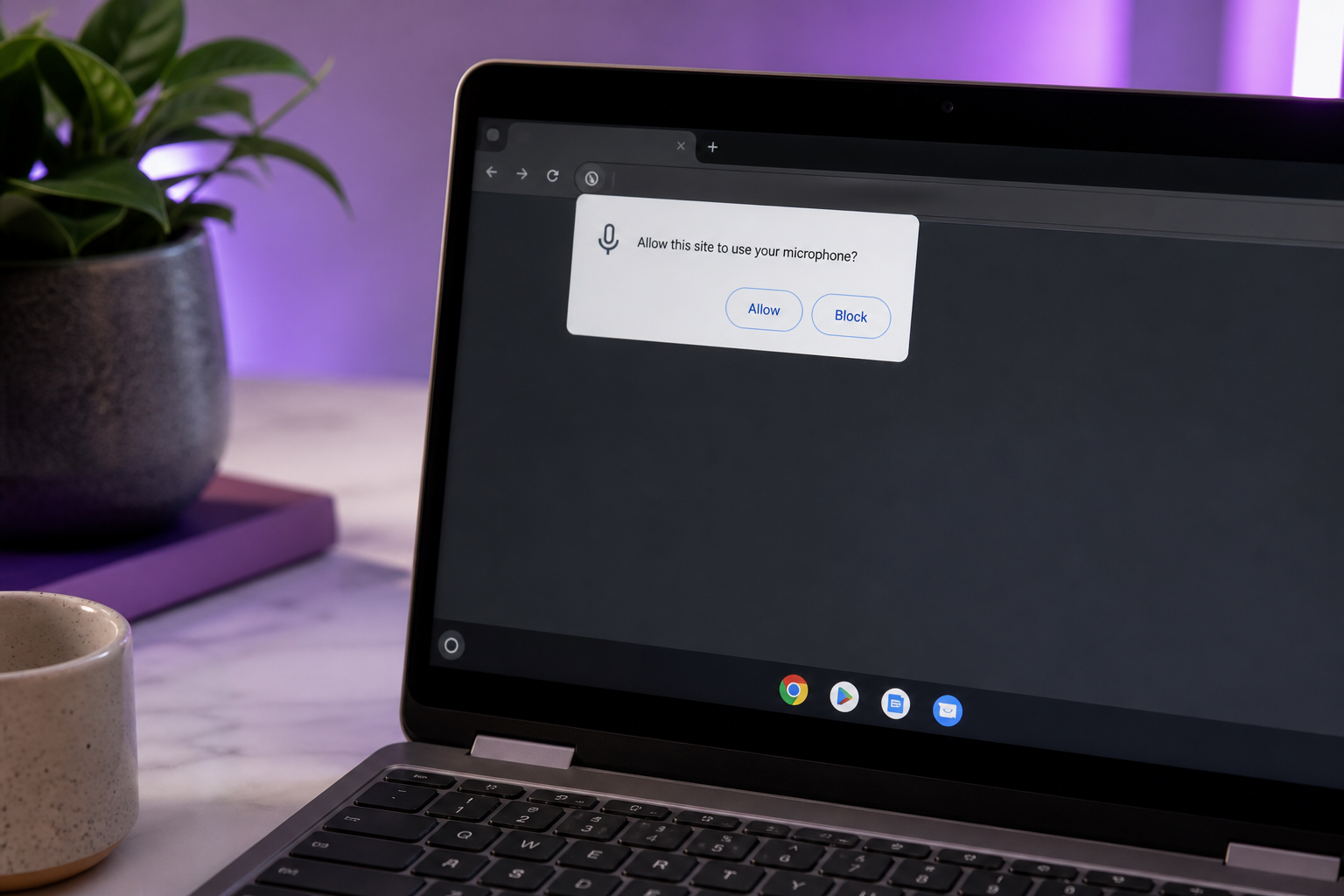 Close-up screenshot of the Chrome microphone permission prompt on a Chromebook, showing the "Allow / Block" dialog on a browser tab.