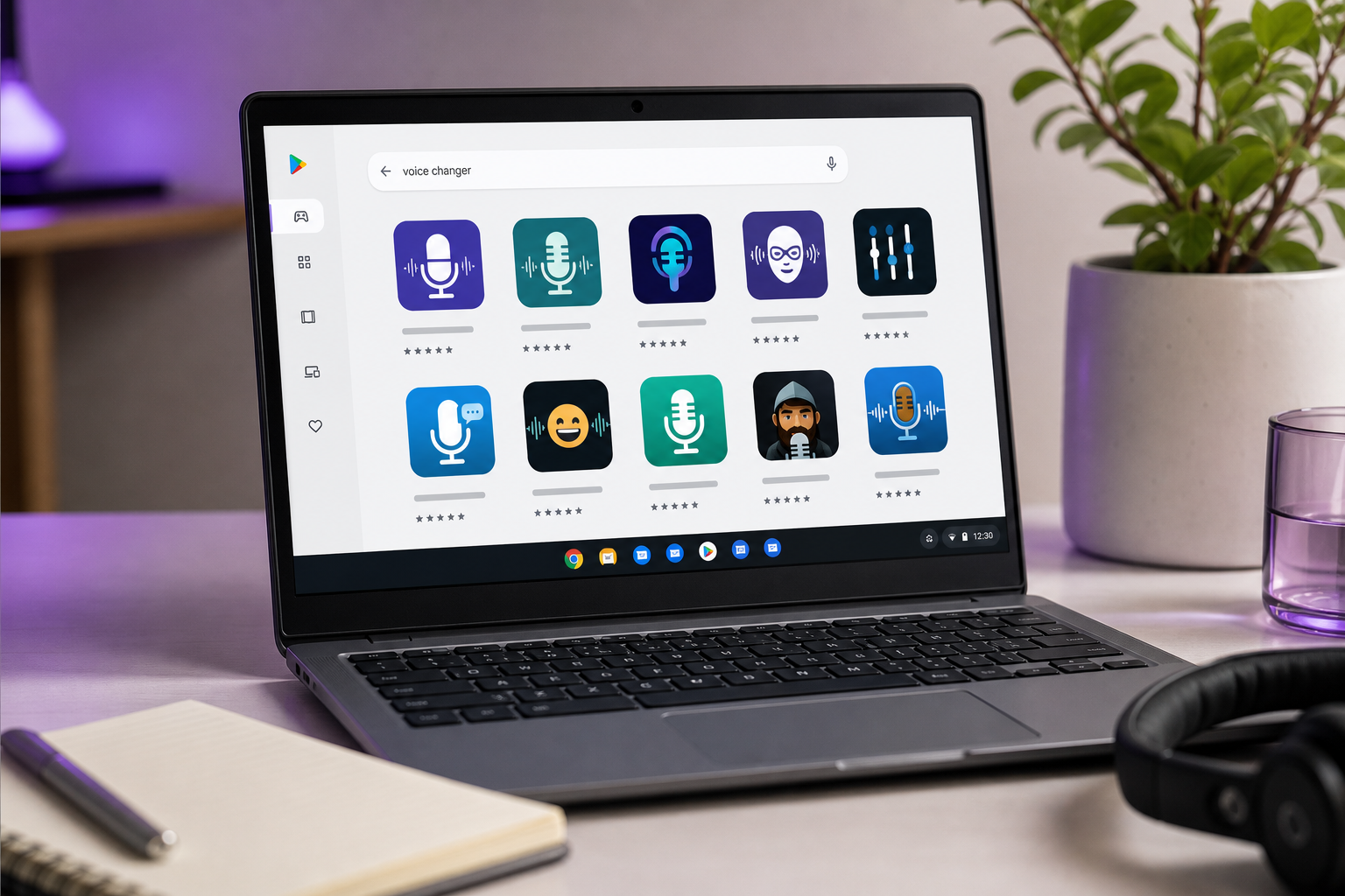 A Chromebook screen showing the Google Play Store with a "voice changer" search query and a grid of app results.
