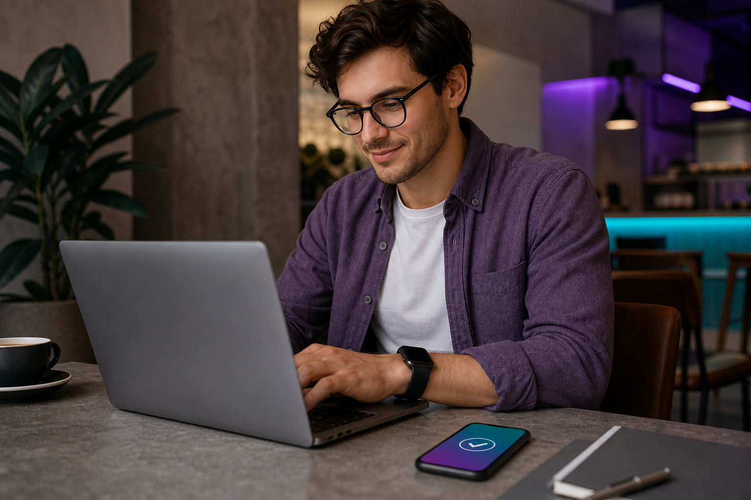 Person working from a laptop in a café or co-working corner, phone beside them showing a completed output notification. Reinforces "operator, not engineer."