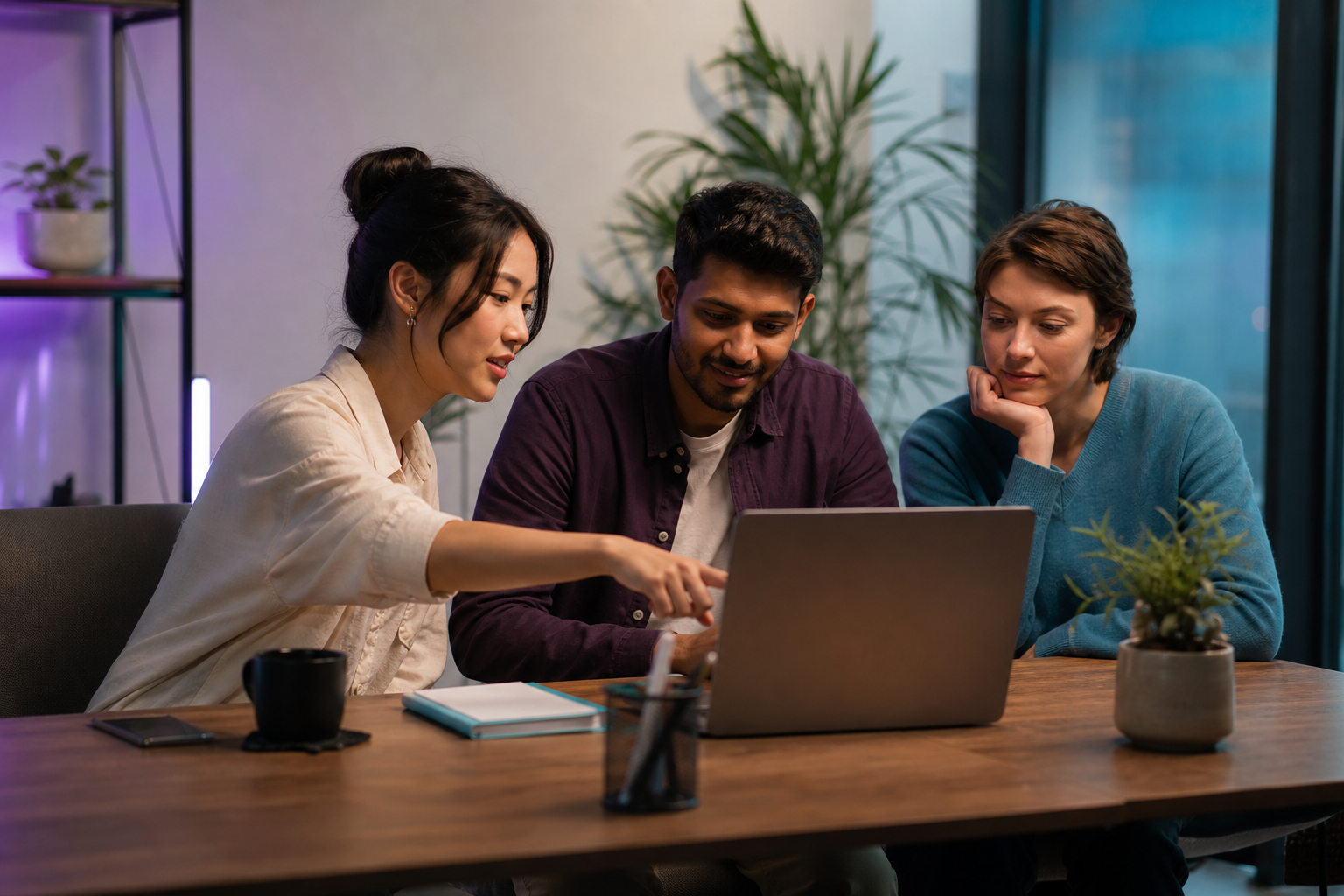 A small lean team of two or three people around a shared screen, one pointing at output on a laptop, relaxed startup setting. Reinforces "lean teams, human direction."