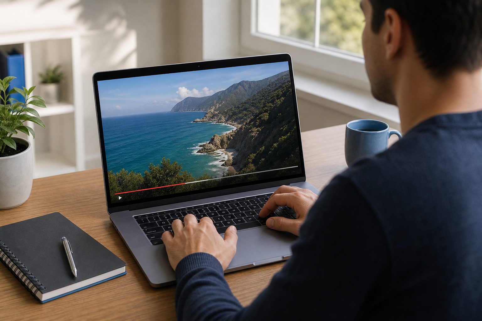 A person at a laptop in a bright home office, screen showing a YouTube video paused mid-frame, hands hovering over the keyboard as if deciding what to do next. Over-the-shoulder angle, natural window light, no visible brand logos.
