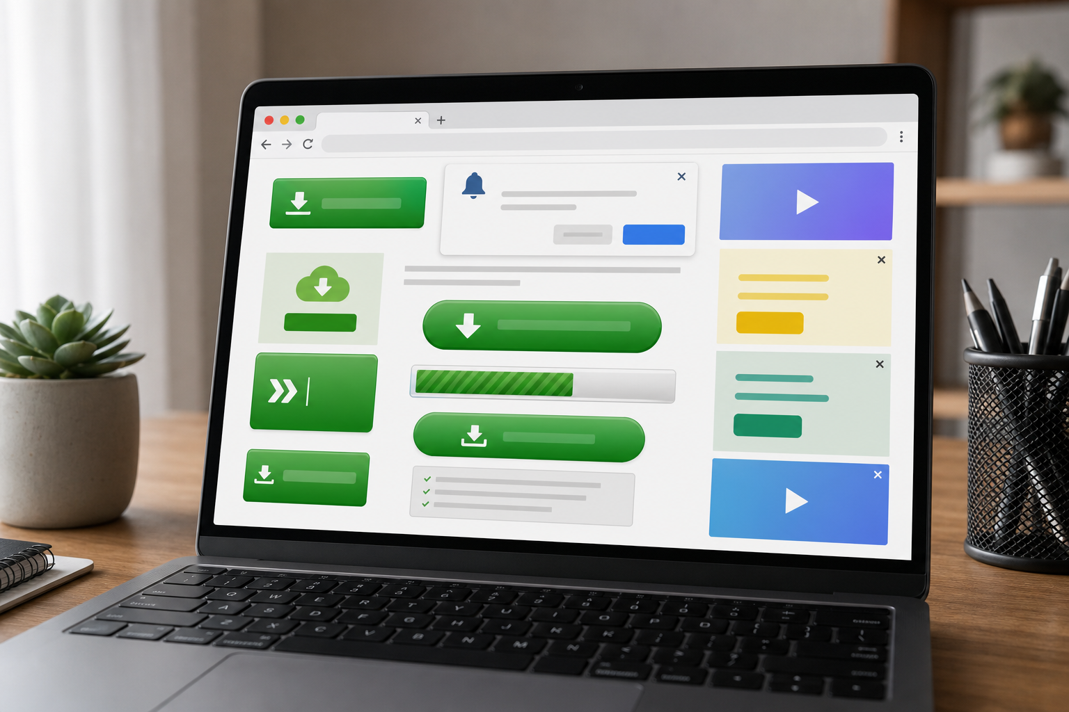 Illustrative screenshot-style mockup of a cluttered fake download page: multiple large green 'DOWNLOAD' buttons of different sizes, a fake progress bar, a pop-up notification-permission prompt, and banner ad blocks. Generic, no real brand names or lo