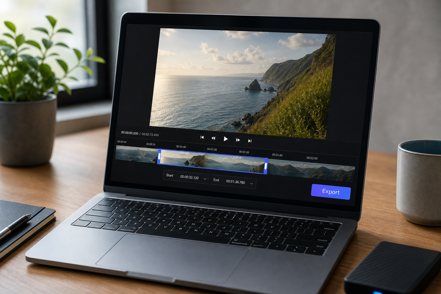 Screenshot of the Media Tools Suite video trimmer interface with a video loaded on a timeline, in/out trim handles visible, export button ready. Clean, modern UI.