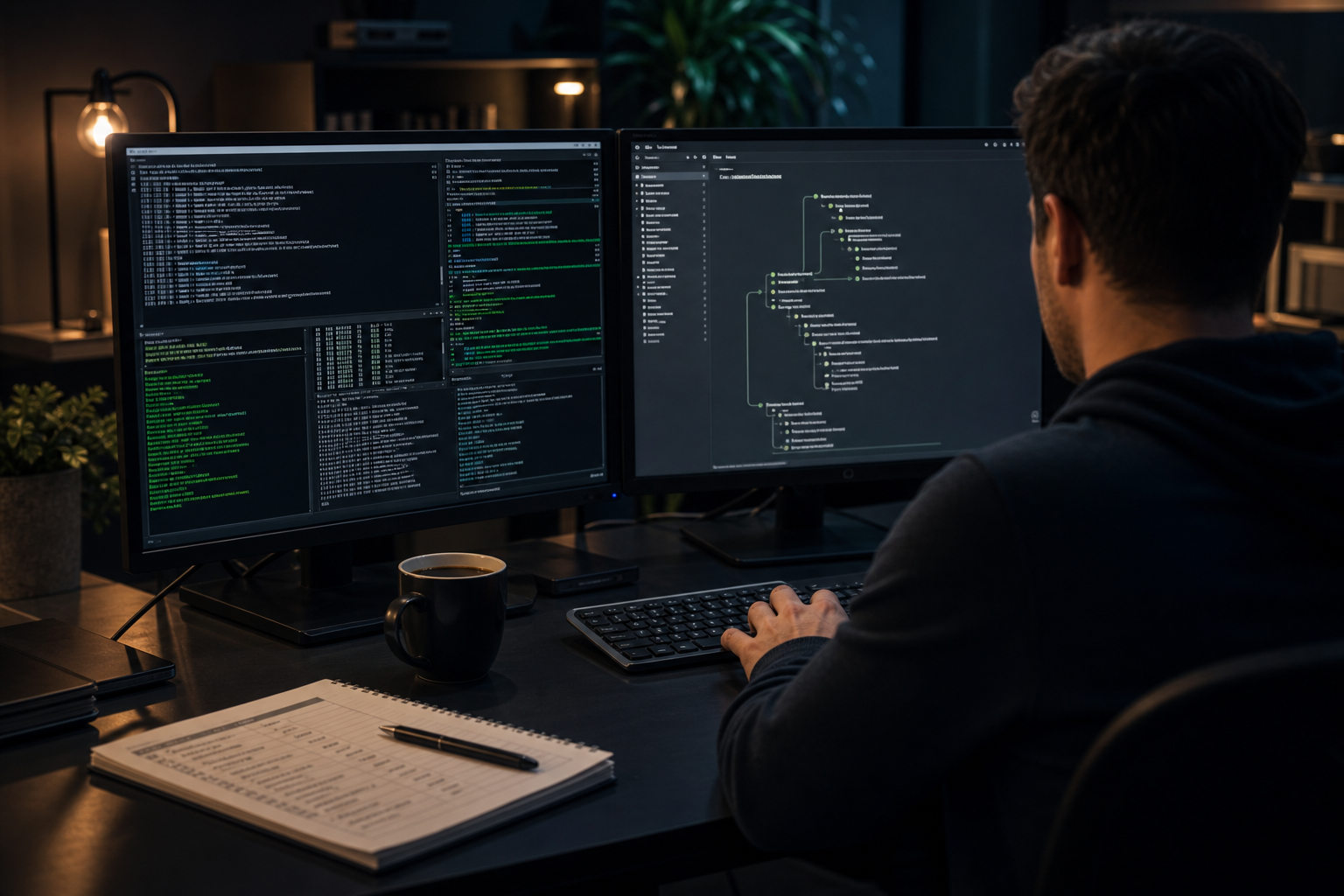 A pentester's dual-monitor workspace at night — left screen showing multiple stacked terminal panels with tool output, right screen showing a structured note-taking app with an attack-path tree; a coffee mug and a printed checklist beside the keyboar