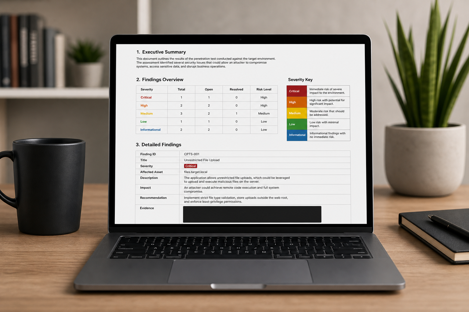 A laptop screen displaying a structured penetration-test report template — visible section headers (Executive Summary, Findings, Severity, Evidence), a severity color key, and a partially filled finding with a redacted screenshot placeholder. Straigh