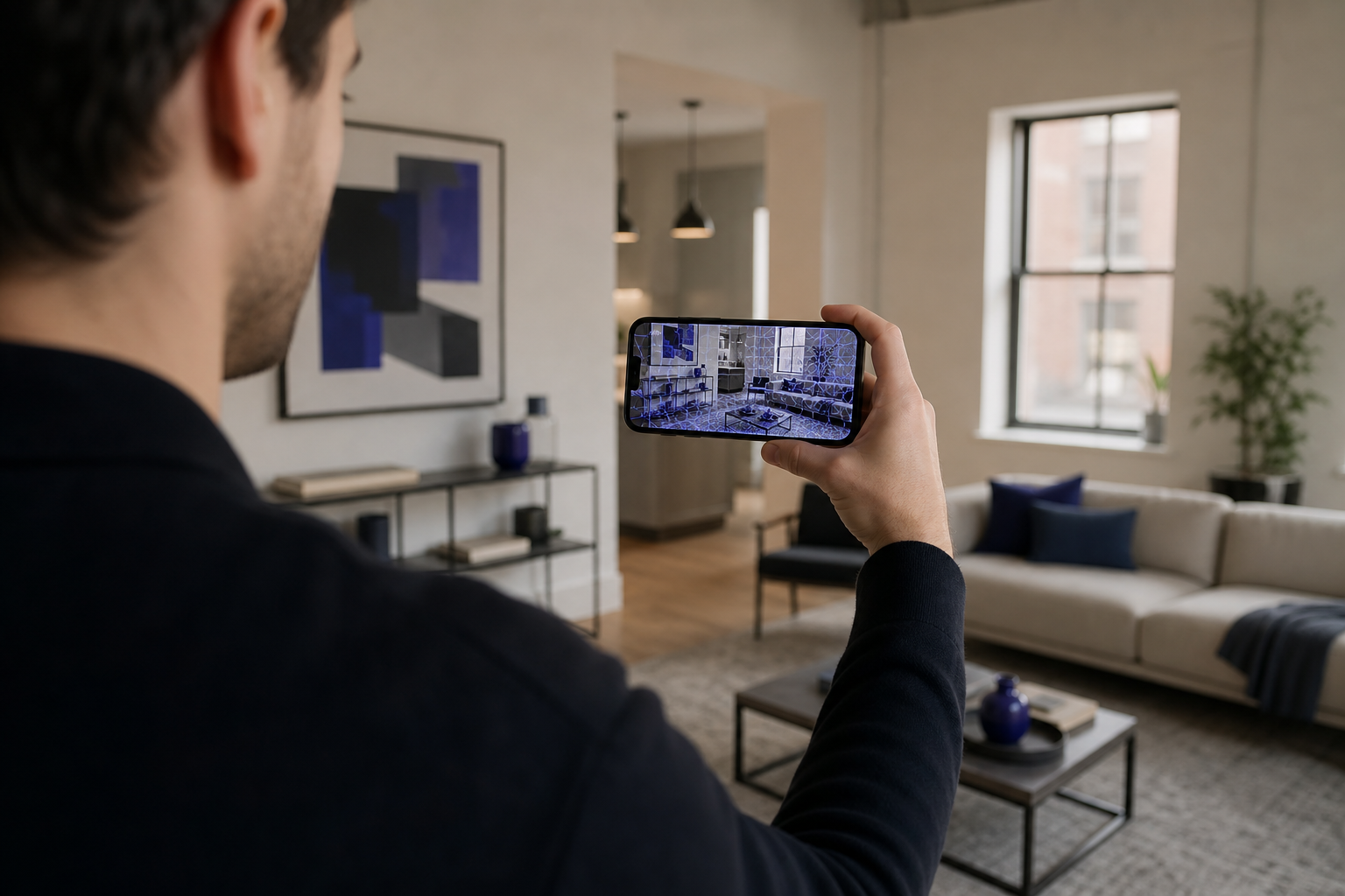 A person holding an iPhone at chest height, mid-scan, sweeping it slowly across a well-lit living room; faint on-screen mesh overlay visible on the phone display, room in soft focus behind. Angle: over-the-shoulder, three-quarter.