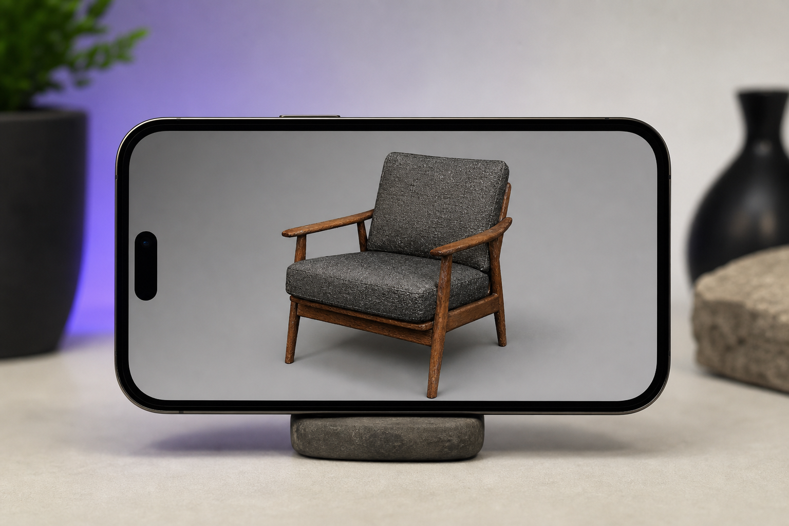 Screenshot-style product shot — an exported textured 3D model of a scanned chair displayed on an iPhone screen, texture and geometry clearly visible, clean neutral background. Shows what a textured mesh actually looks like.