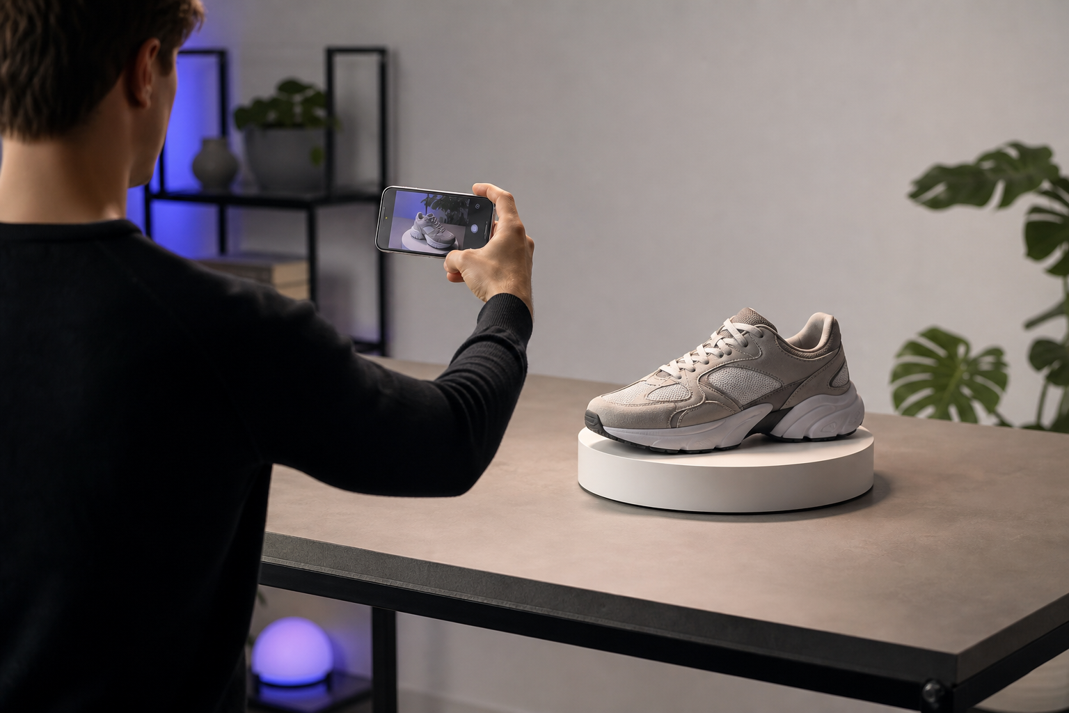 A person orbiting a sneaker on a table with an iPhone held mid-capture, arm extended, object well-lit — demonstrating the overlapping-passes step.