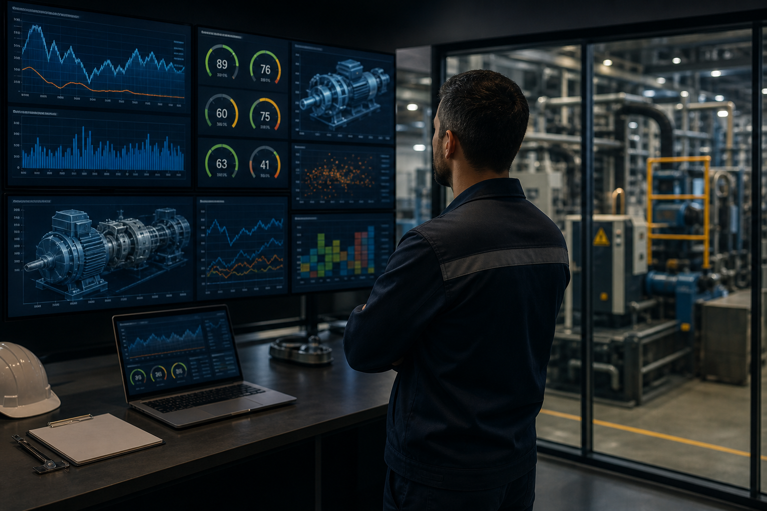 A plant-floor control room at low light, an operations engineer standing at a wall of monitors showing a predictive-maintenance dashboard with asset-health gauges and trend lines; industrial machinery visible through a glass partition behind. Angle: