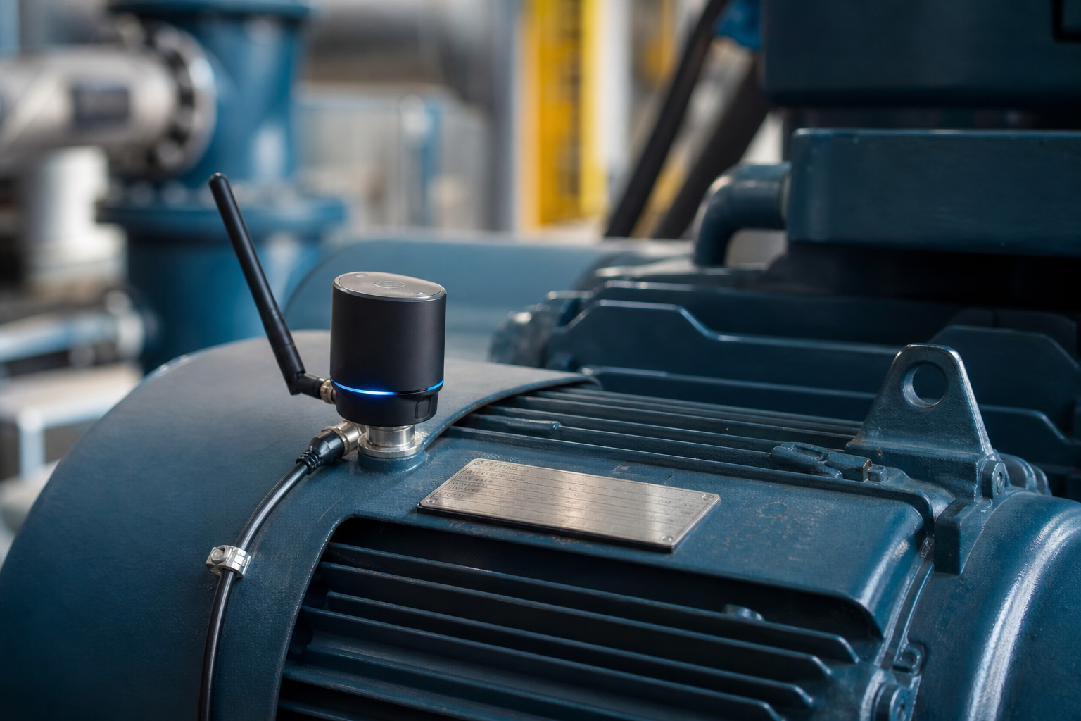 Close-up of a wireless IoT vibration/temperature sensor mounted on the housing of an industrial motor or pump, cabling and equipment nameplate visible, shallow depth of field.