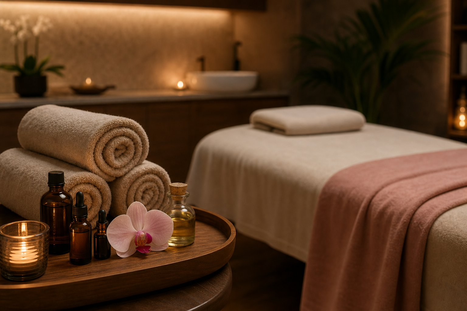 Loş ışıklı, sıcak ve hijyenik bir spa odası; masaj yatağının yanında ahşap bir tepside cam uçucu yağ şişeleri, katlanmış sıcak havlular ve tek bir orkide. Açı: yatak seviyesinden hafif üstten, huzurlu ve profesyonel atmosfer.
