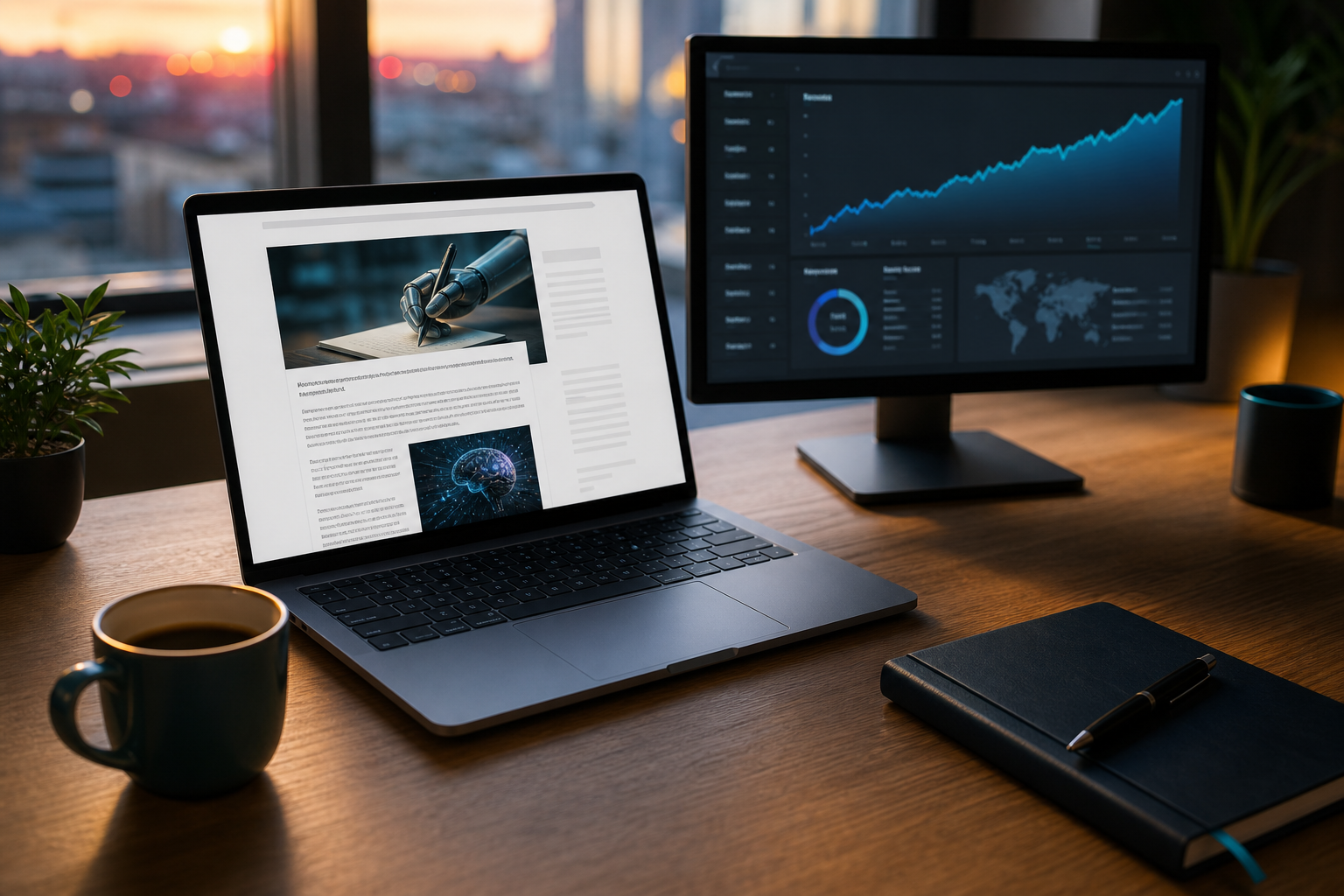 A clean desk workspace at dusk — laptop open to a published blog post on a live website, a second monitor showing an analytics dashboard with an upward traffic line, coffee mug, minimal clutter. Shot slightly overhead, warm lighting, conveys "re