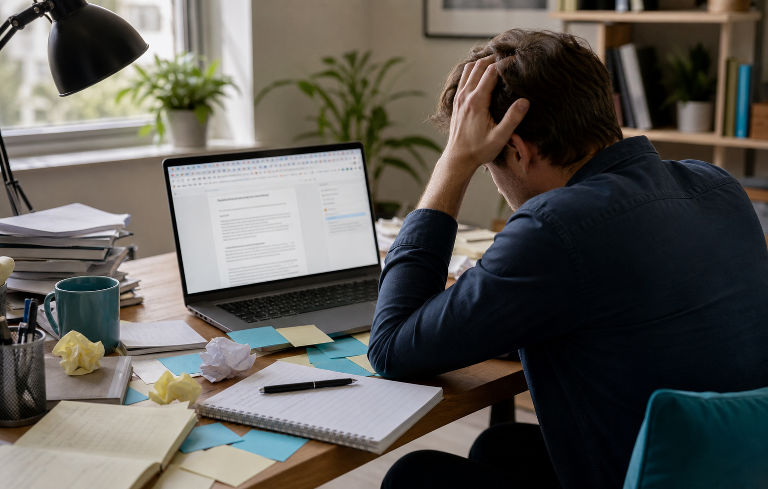 A frustrated marketer at a cluttered desk — many browser tabs visible on screen, sticky notes, a half-edited document, hands on head. Illustrates manual overhead. Natural light, candid feel.