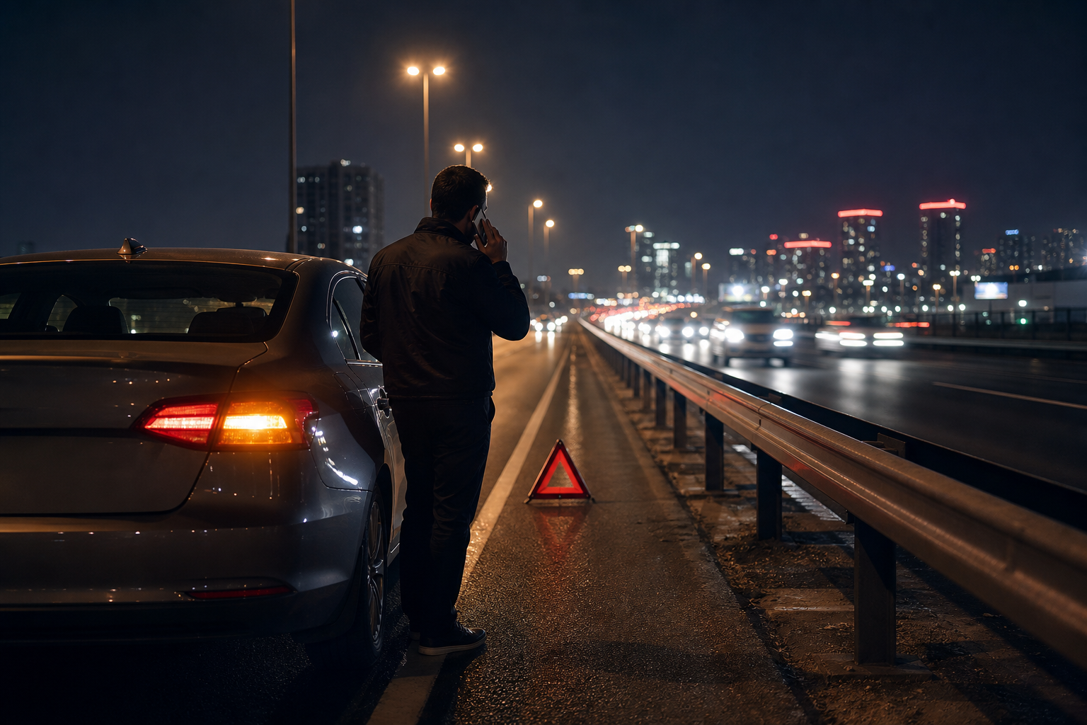 Night roadside scene on a divided Istanbul highway (E-5 feel), a passenger car stopped on the shoulder with hazard lights glowing amber, headlights of oncoming traffic blurred in the background, driver silhouette holding a phone. Slightly cinematic,