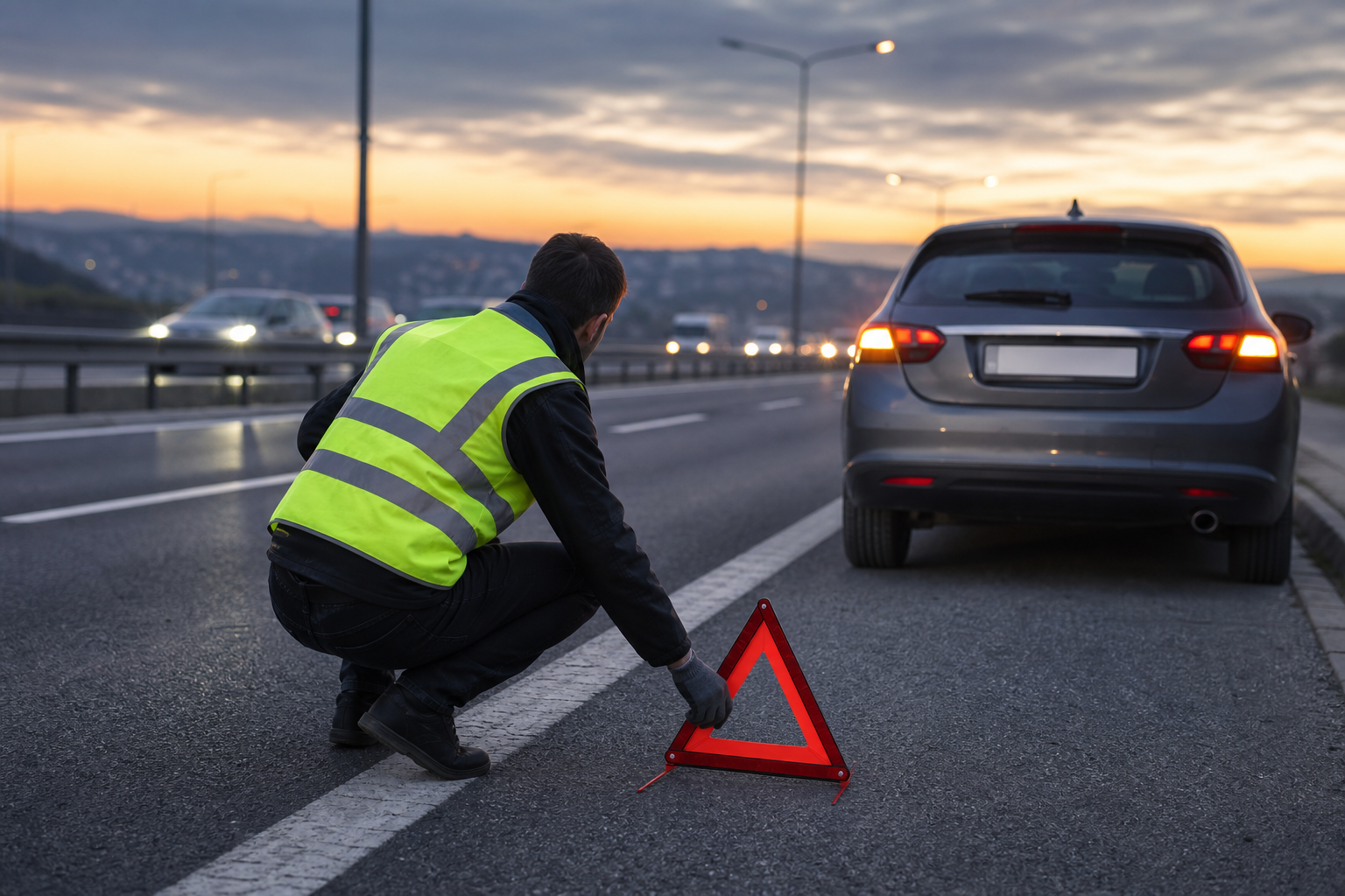 A driver in a reflective/hi-vis vest crouching to place a red warning triangle on the road behind a stopped car with hazard lights on, dusk lighting, divided-highway context.