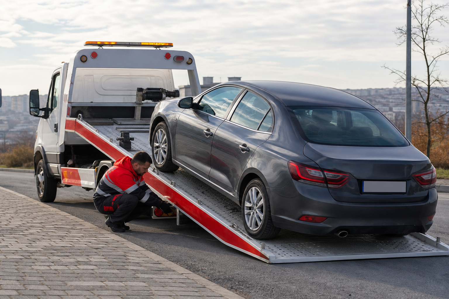 A flatbed (sıfır zeminli) tow truck loading a passenger car via its tilted platform, daytime, clean professional operator in view — reassuring, competent mood.