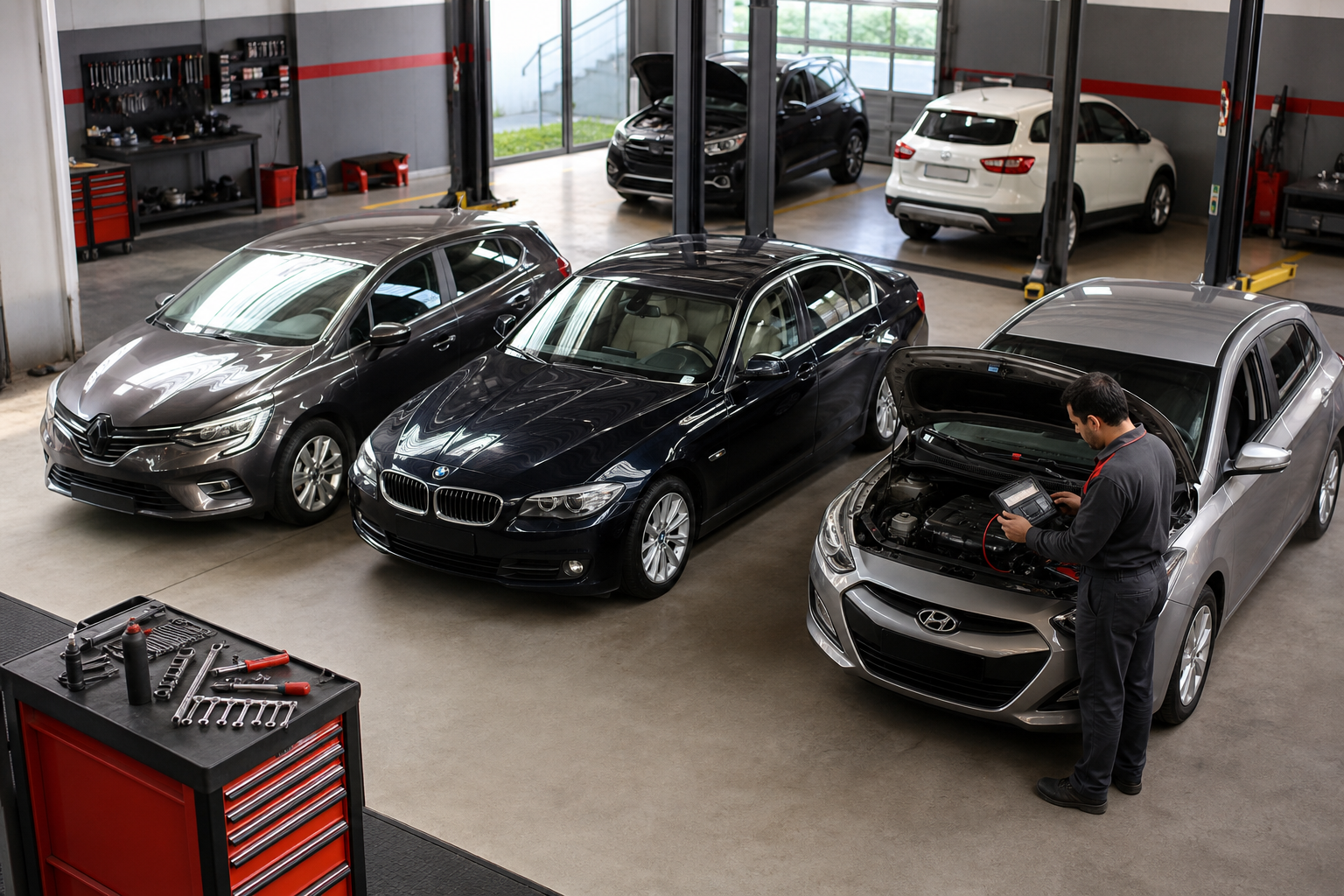 Servis otoparkında marka çeşitliliği — yan yana bir Renault, bir BMW ve bir Hyundai; ya da bir teknisyenin Avrupa menşeli araca diyagnostik cihaz bağladığı kare. Açı: hafif üstten, araç çeşitliliğini gösterecek şekilde.