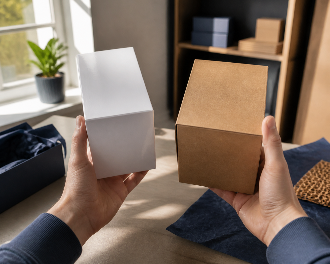 Two packaging boxes held side by side in natural window light — one glossy white laminated box, one uncoated brown kraft box — shot from the buyer's POV, hands visible, shallow depth of field. This is the hero photo anchoring the article.