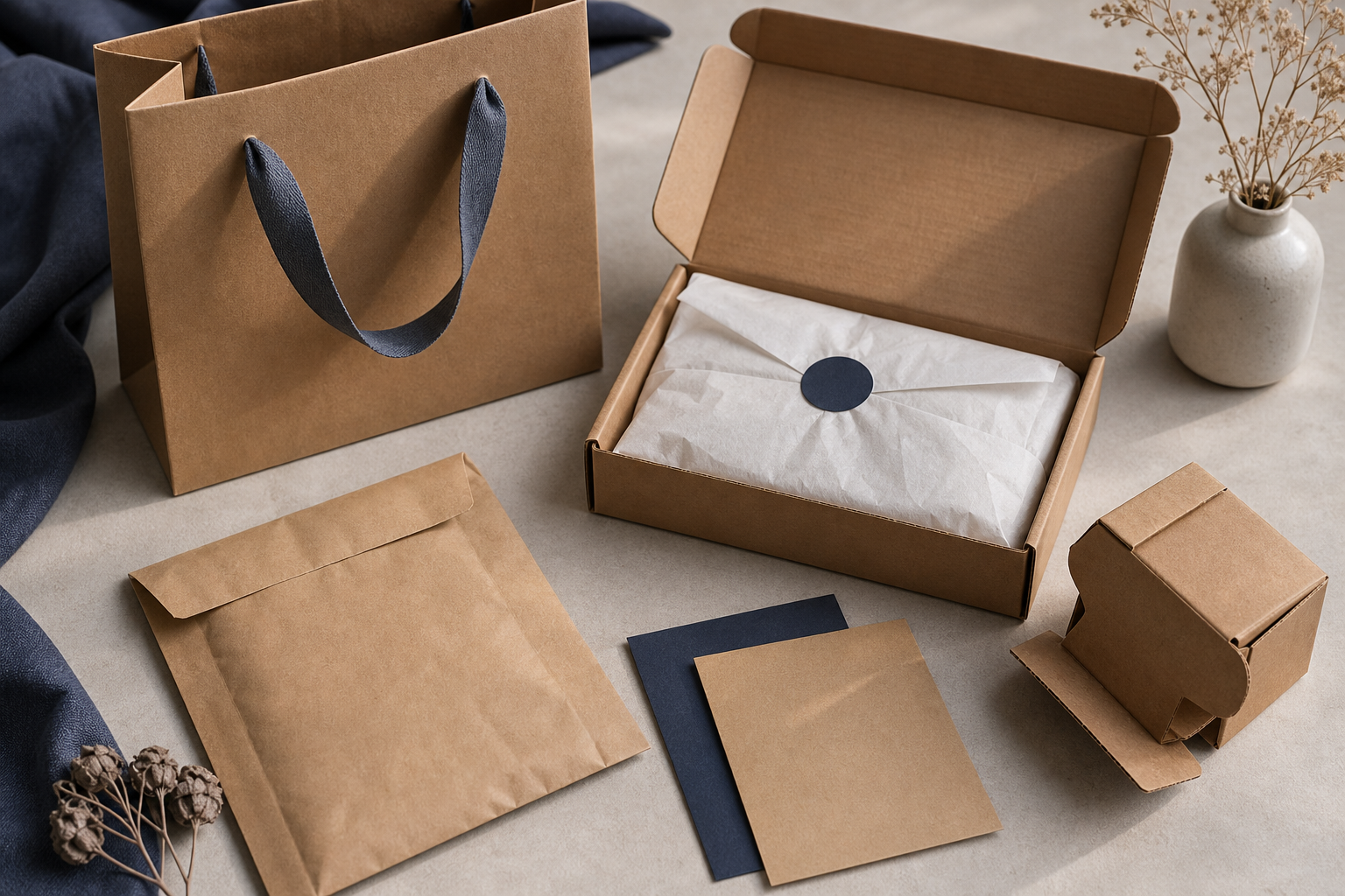 Styled flat-lay of a branded kraft unboxing set on a neutral surface — kraft bag, kraft mailer, tissue paper, thank-you card, small folding carton — arranged editorially with soft directional light. Purpose: prove kraft can look premium.