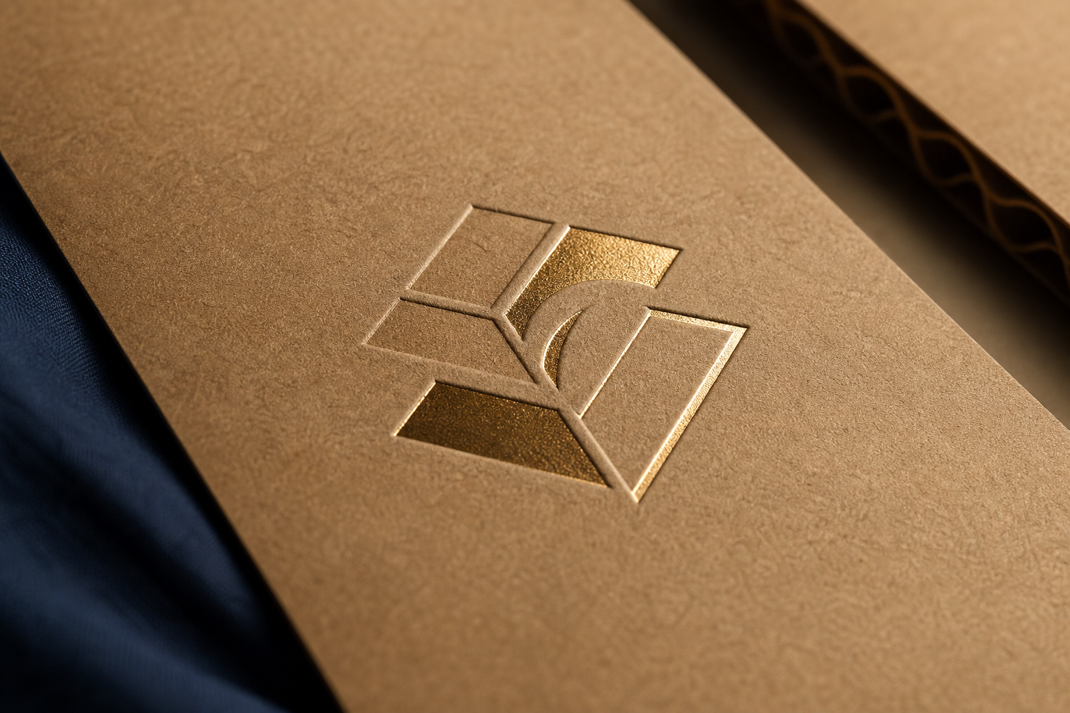 Detail macro of a foil-stamped or embossed logo pressed into brown kraft — raking side light to reveal the deboss depth and metallic shine.