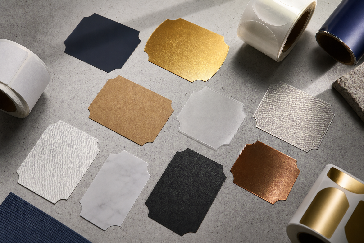 Etiket malzeme numunelerinin flat-lay çekimi — mat film, altın yaldız, kraft, şeffaf ve dokulu numuneler, doku farklarını ortaya çıkaran sıyırıcı yan ışık altında. Açı: tepeden.