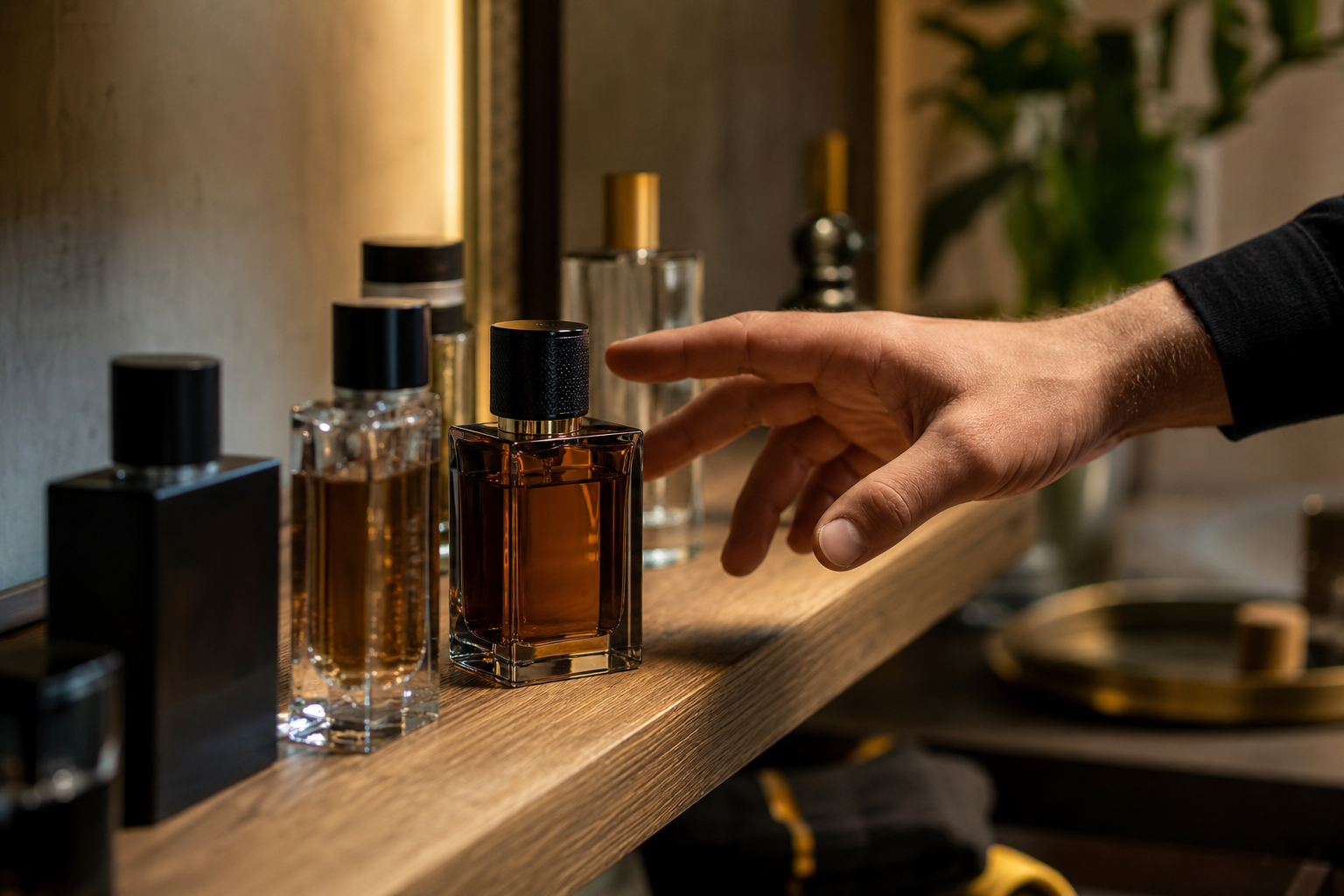 A man's hand reaching toward a row of amber and clear fragrance bottles on a warm-lit wooden shelf, shallow depth of field, one bottle in sharp focus. Mood: decisive, aspirational, morning-routine feel.