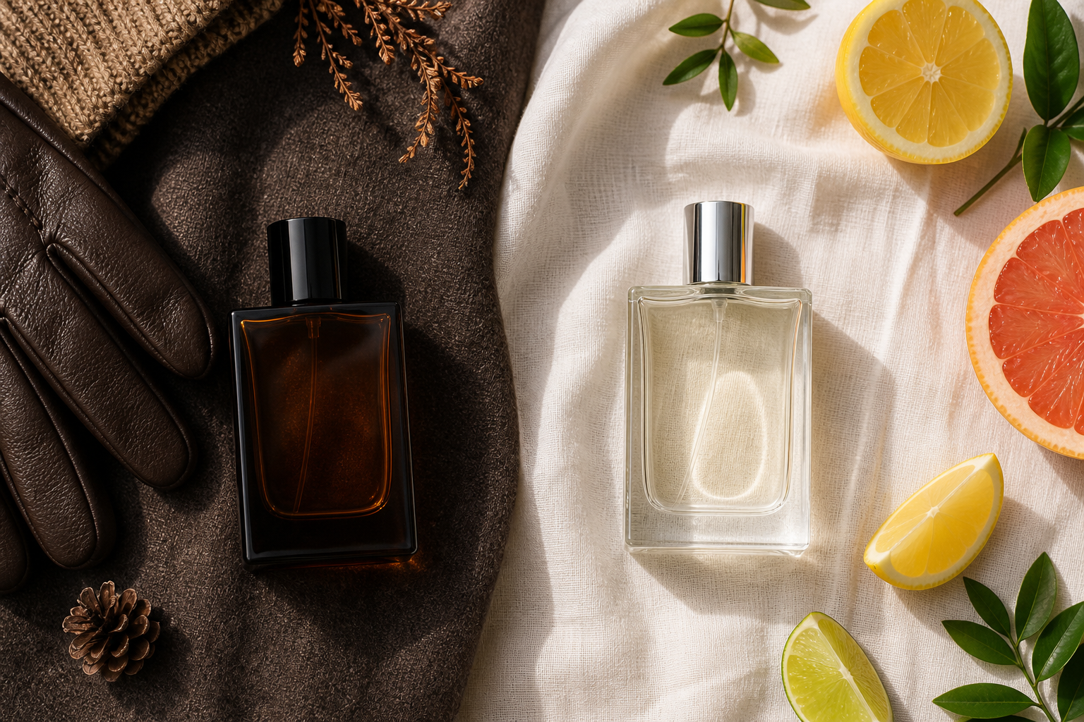 Flat-lay contrasting seasons — on one side deri eldiven + a dark amber bottle on wool fabric (winter); on the other side sliced citrus + a clear bottle on light linen (summer). Overhead angle, even lighting.