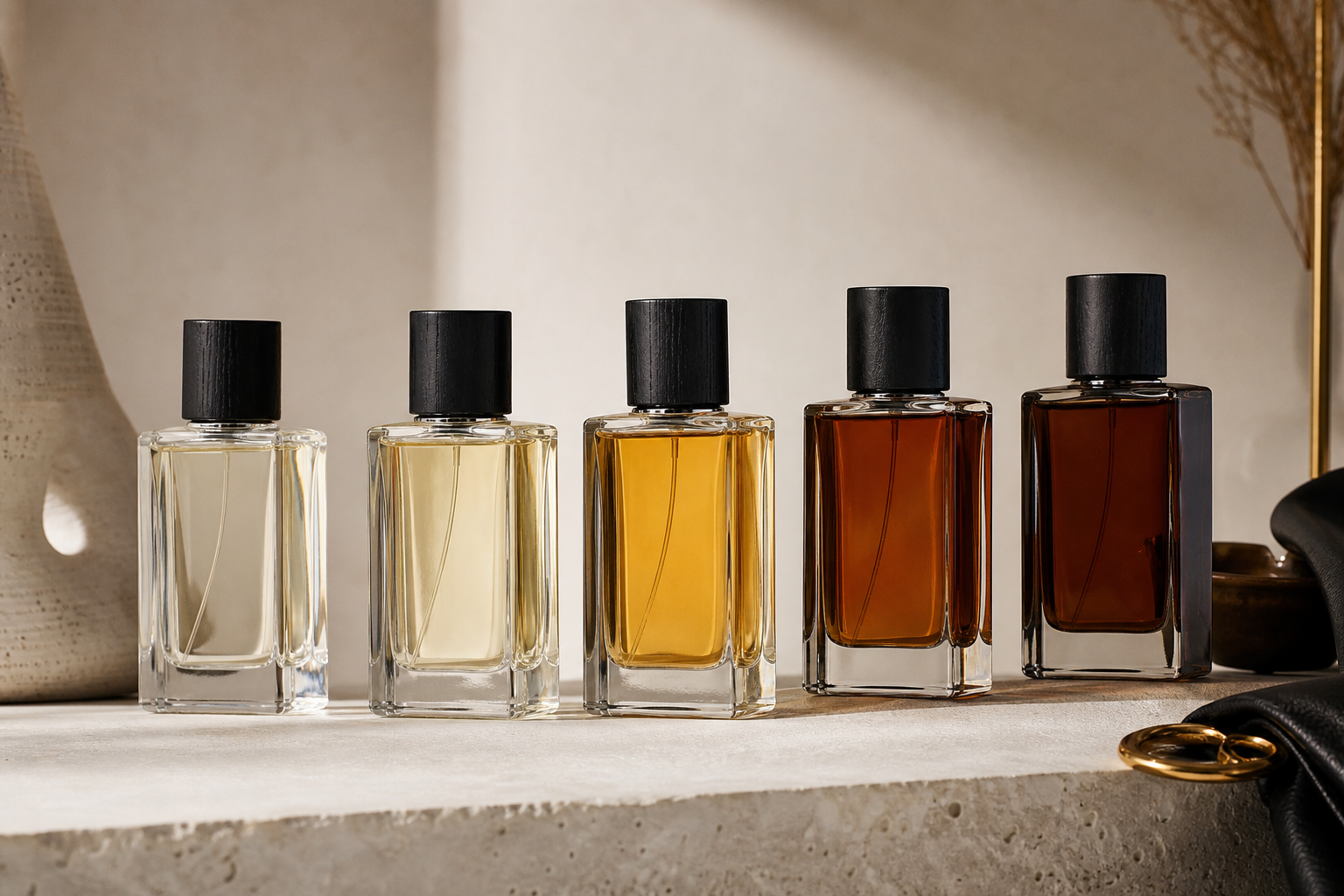 Product-style shot of a YONT men's fragrance lineup arranged left-to-right by scent intensity (light/fresh → deep/leather), clean neutral background, soft directional light.
