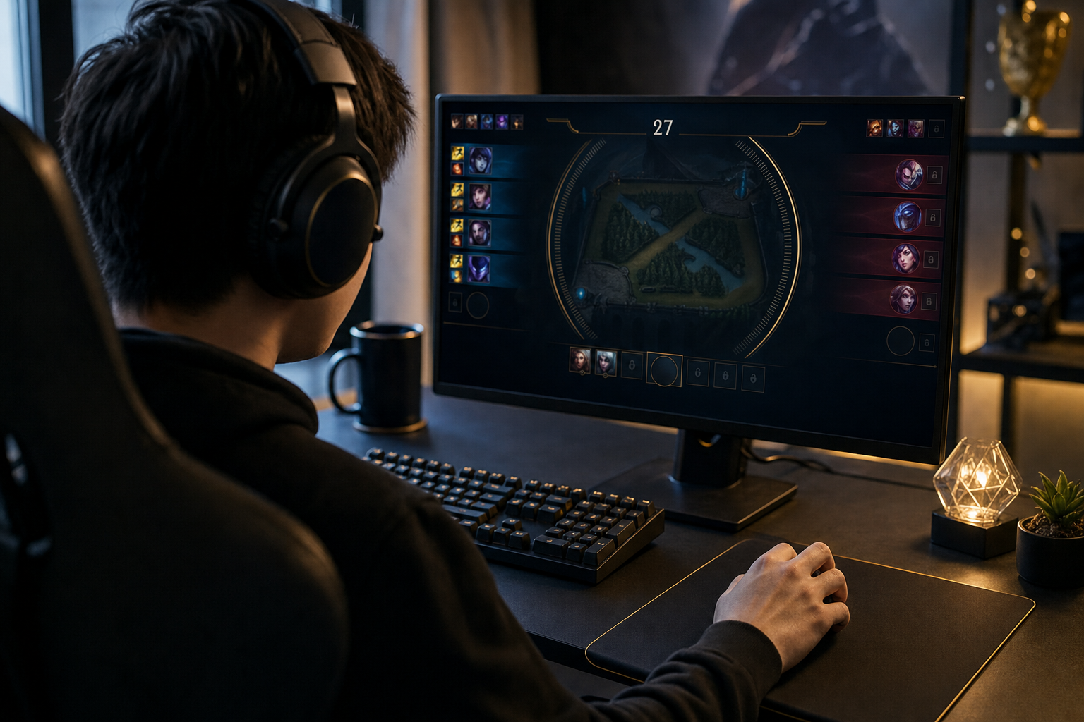 Over-the-shoulder view of a player at a gaming desk during League of Legends champion select — the pick timer visible on screen, enemy champions locked in the draft grid, player's hand on mouse mid-decision. Slightly dim room, monitor glow. Tense, decisive.