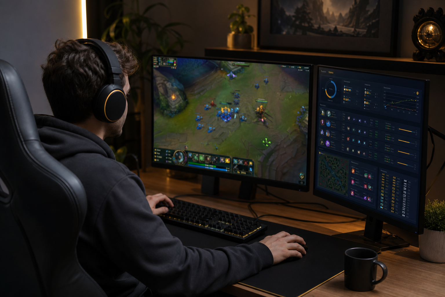 Player at a desk mid-ranked-game — main monitor showing League of Legends gameplay, a second screen or side panel displaying a live analysis dashboard with matchup and objective data. Contextual, focused, aspirational home-setup lighting.