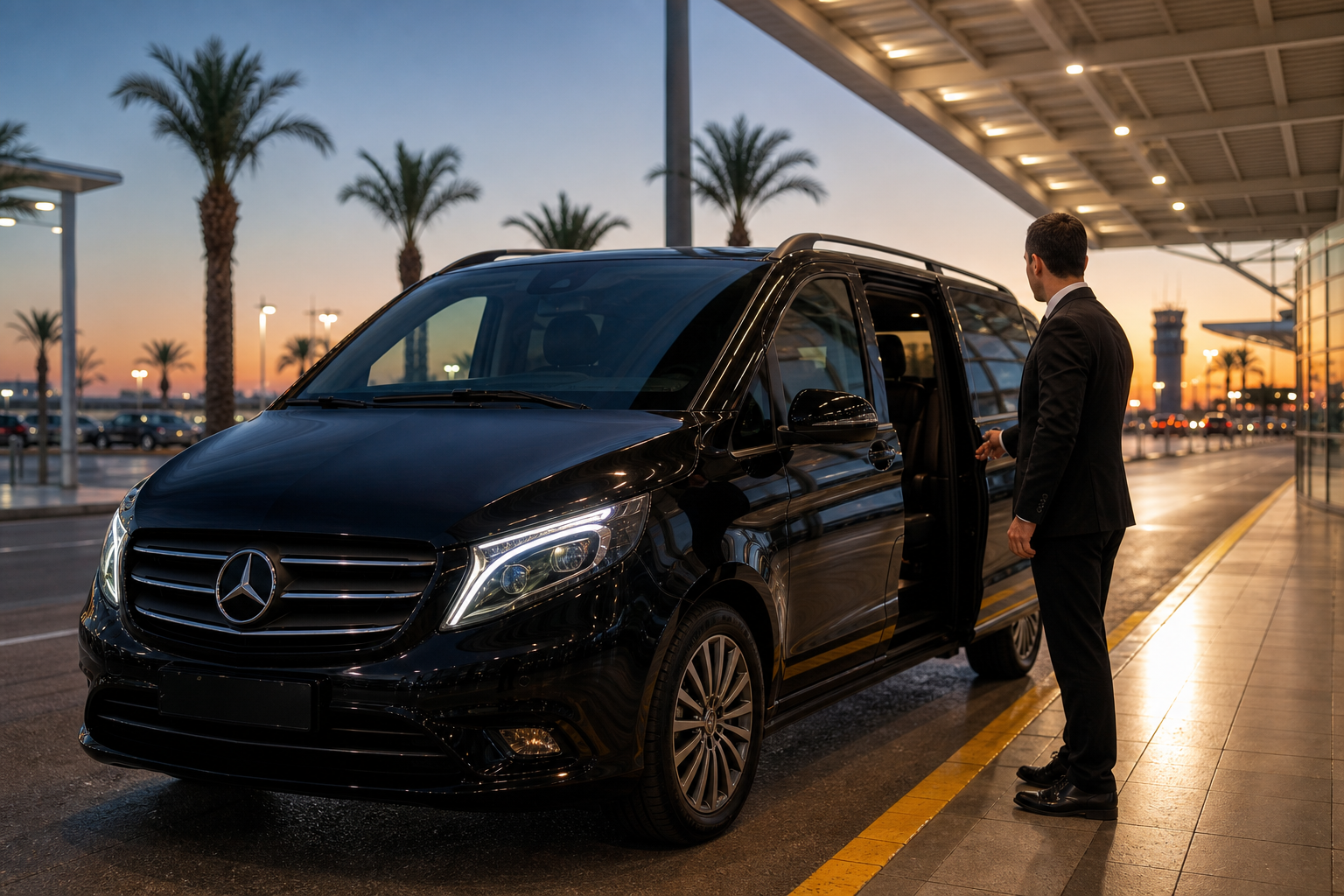 A luxury black Mercedes Vito parked at Antalya Airport arrivals curb at dusk, chauffeur in the frame holding the passenger door open, palm trees and terminal signage softly blurred in the background — shot at a low three-quarter angle to emphasize th