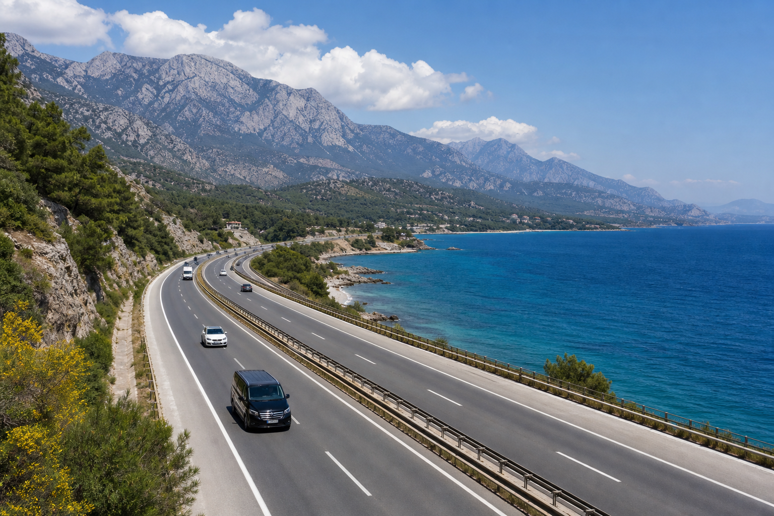 Wide daytime shot of the D400 coastal highway east of Antalya — smooth divided road curving along the Mediterranean coastline with mountains rising on the inland side, a few vehicles in motion, deep blue sea on the right.