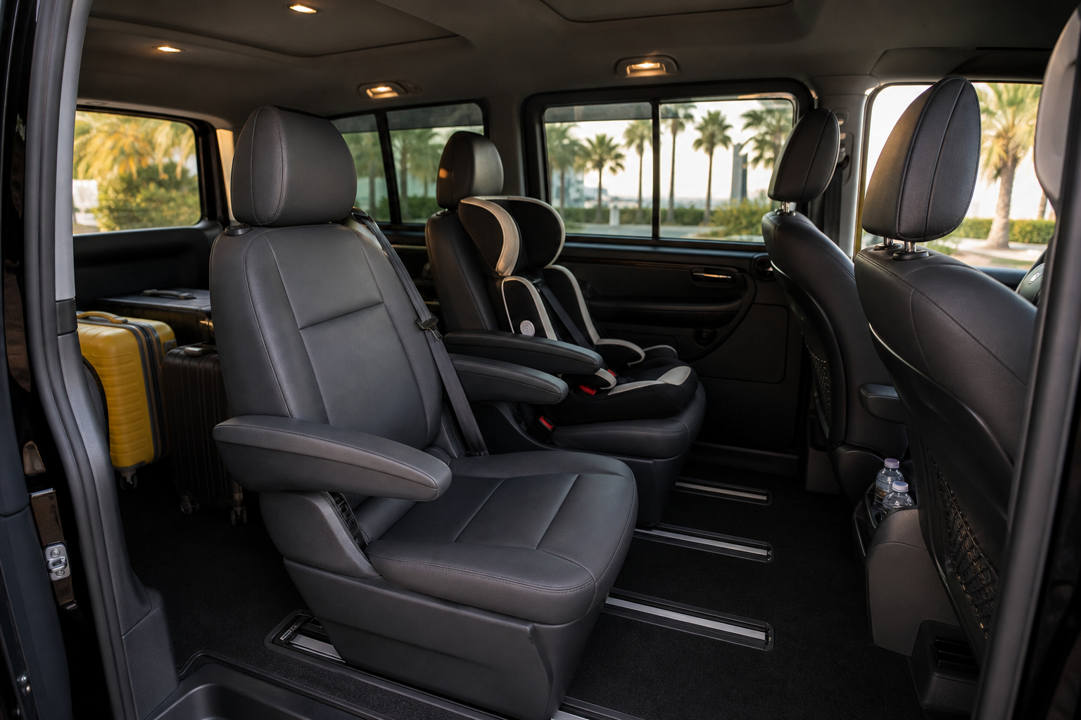 Interior of a luxury Mercedes Vito shot from the rear door looking forward — clean leather captain seats, generous legroom, a child seat fitted on one seat, luggage neatly stowed in the rear bay, soft daylight through tinted windows.