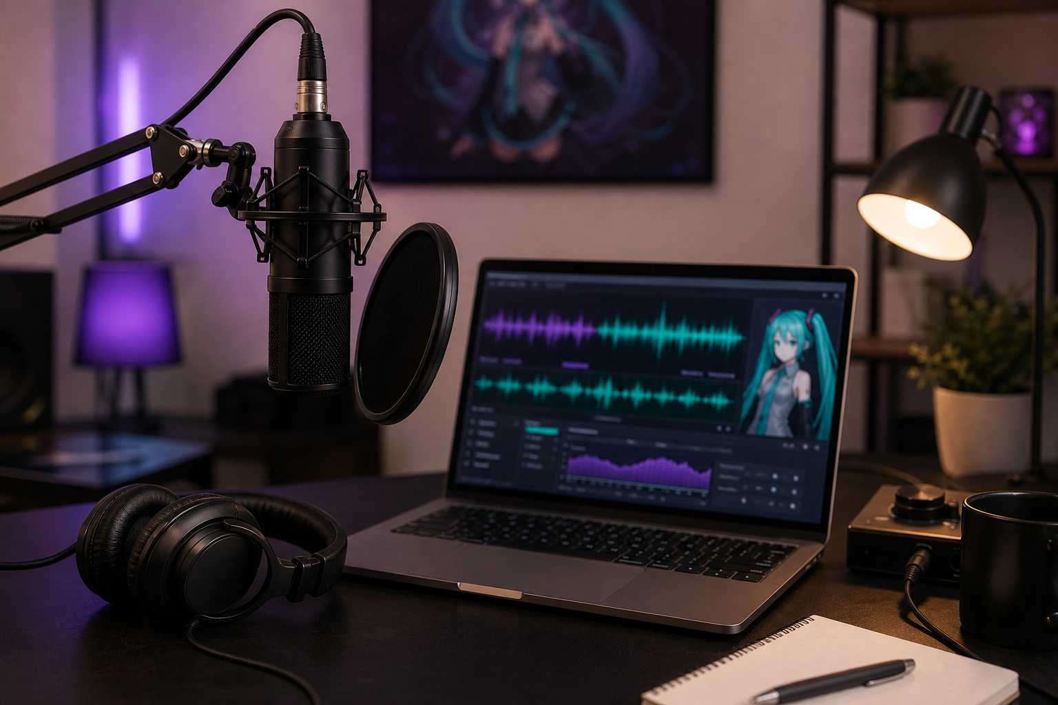A content creator's home studio at desk-level angle — condenser microphone on a boom arm, closed-back headphones resting beside a laptop displaying a colorful audio waveform and a teal-accented voice generation interface. Warm desk lamp, slightly moo